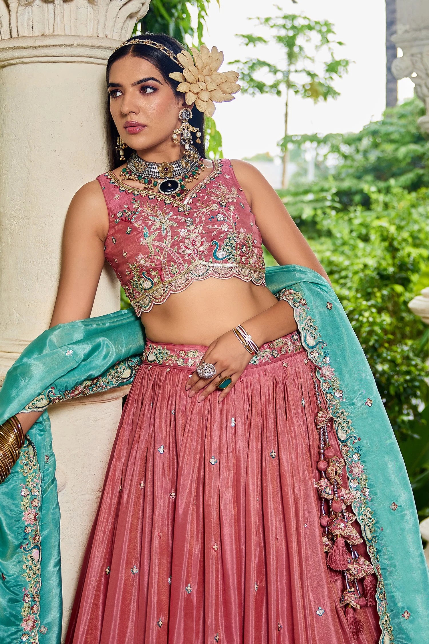 Pink Satin Lehenga with Sequins Embroidery