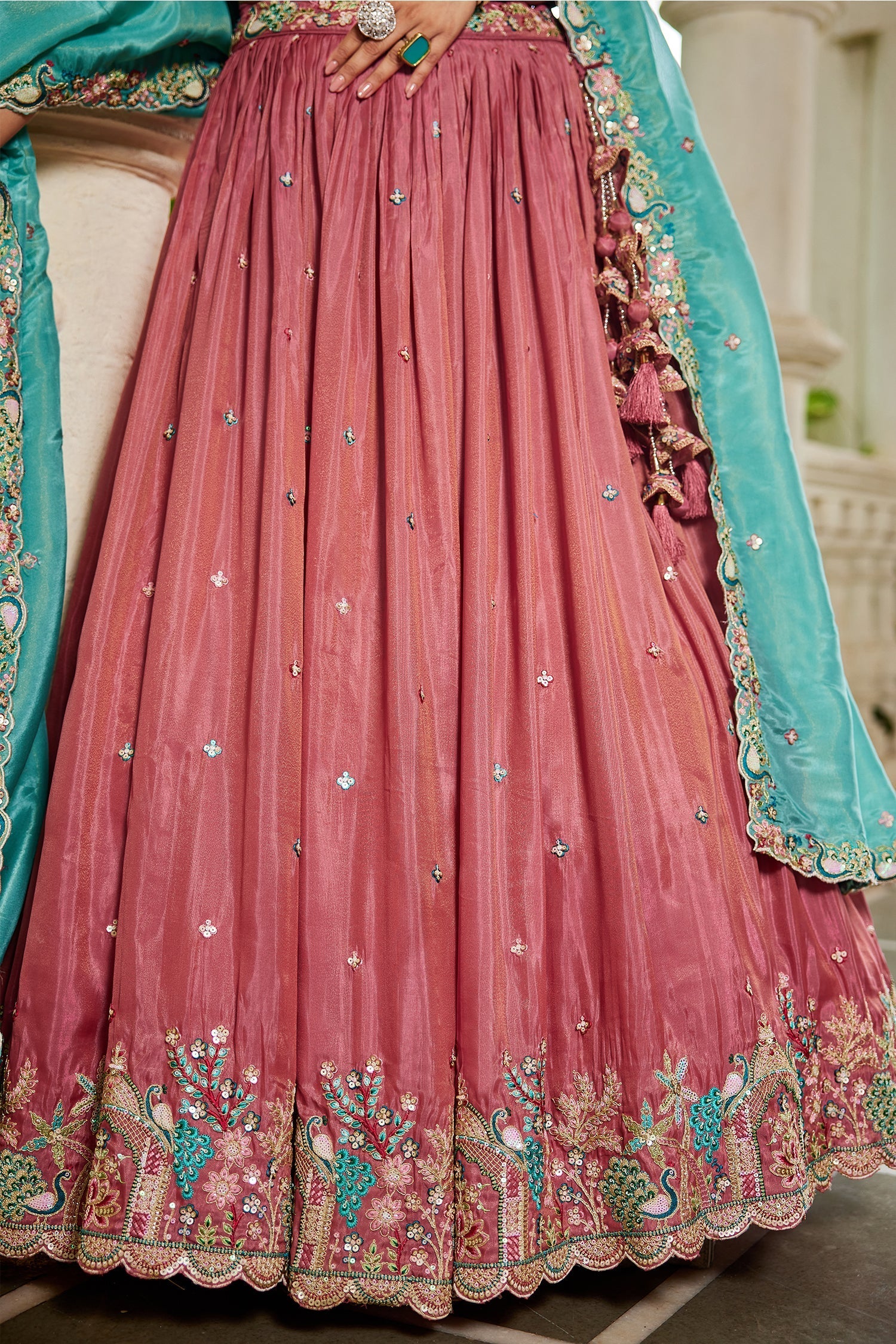 Pink Satin Lehenga with Sequins Embroidery
