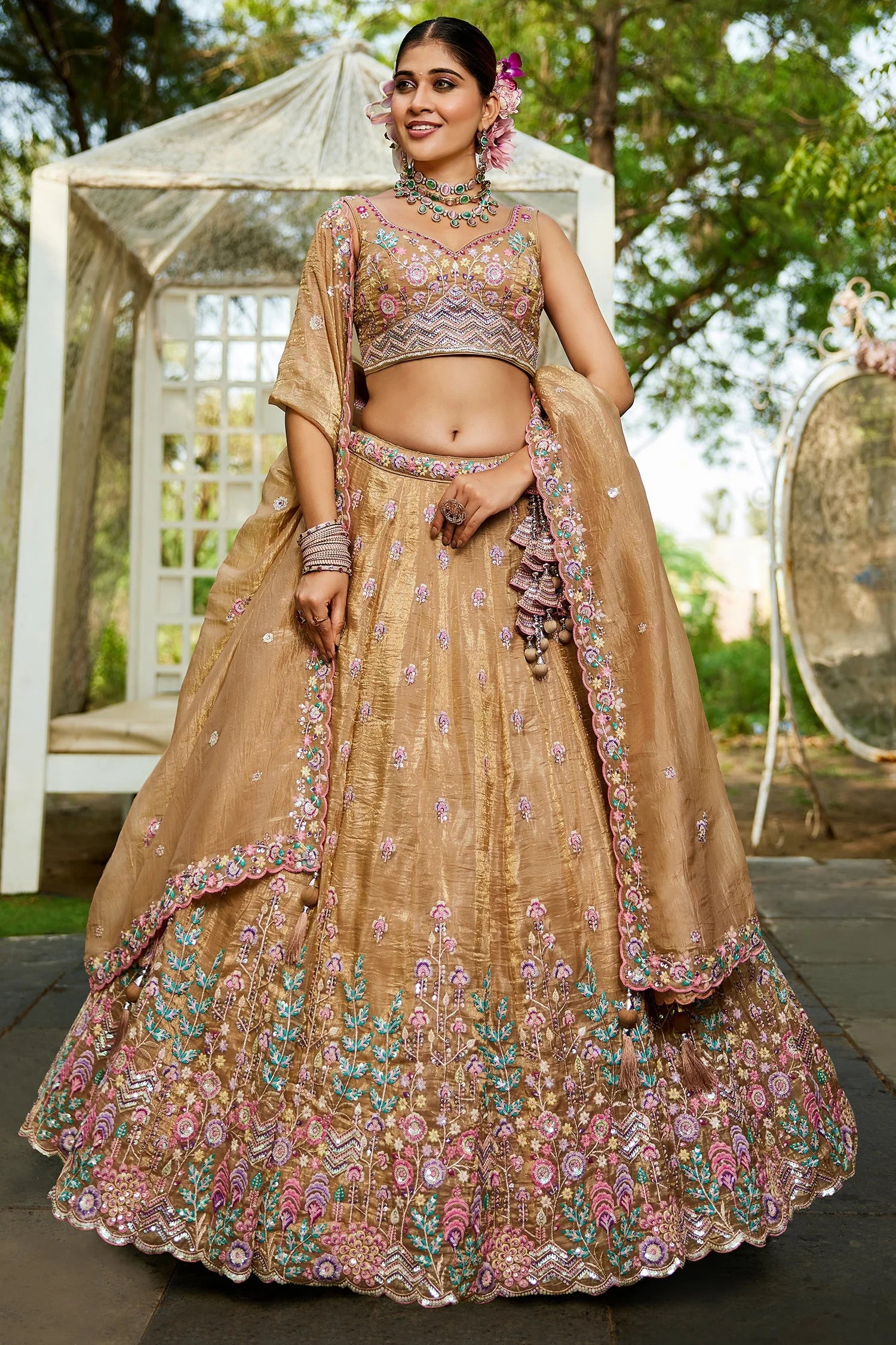 Beige Tissue Lehenga with Sequins Embroidery