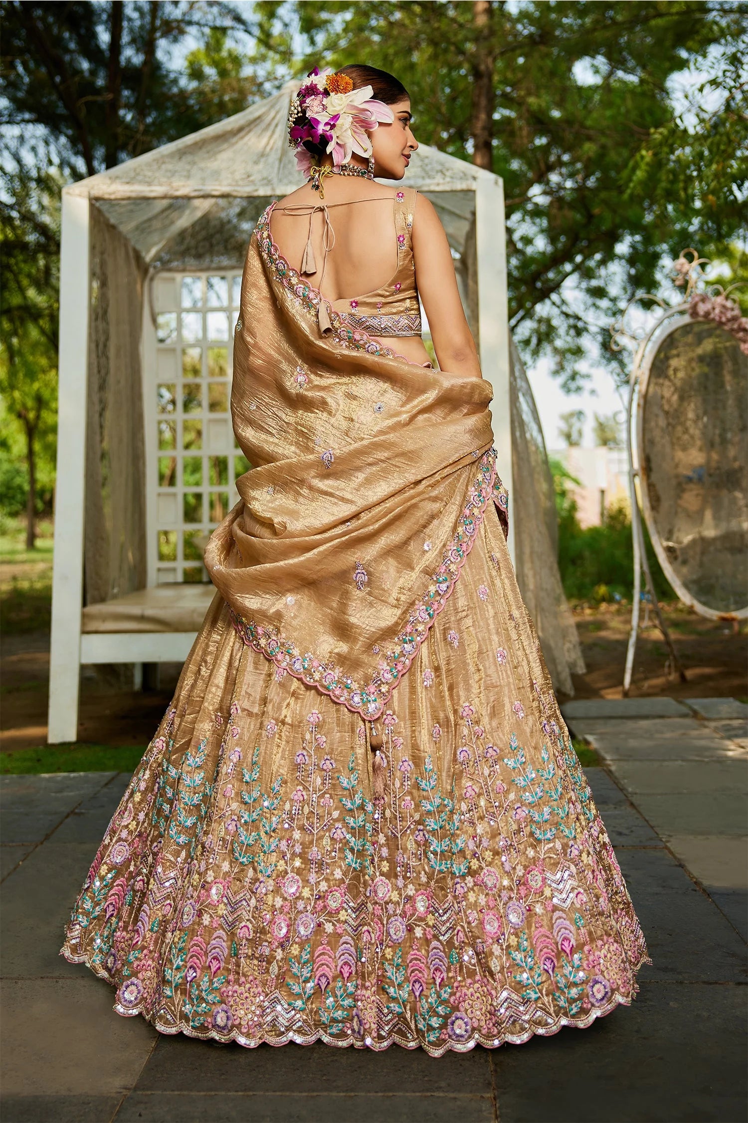 Beige Tissue Lehenga with Sequins Embroidery