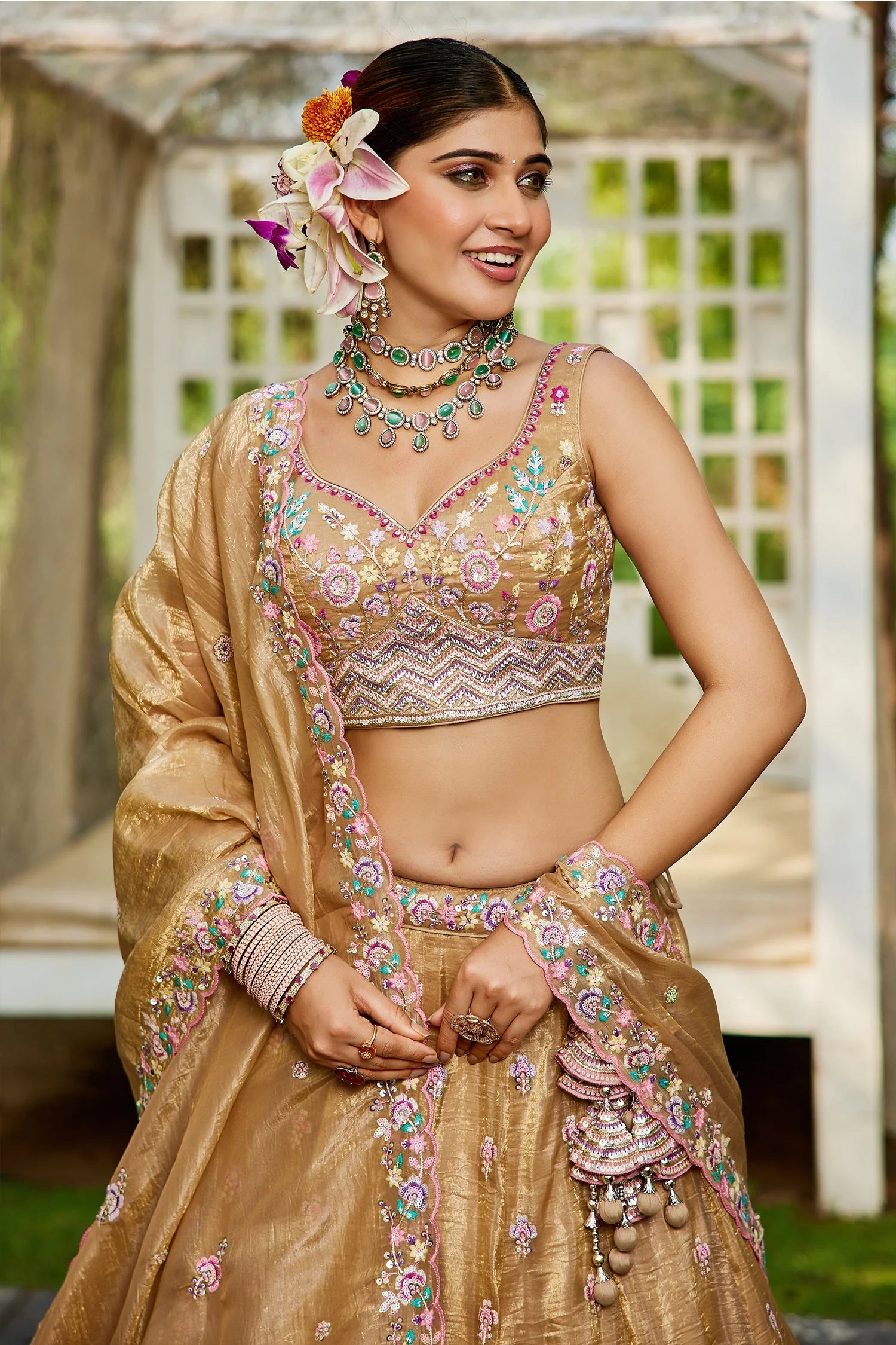 Beige Tissue Lehenga with Sequins Embroidery