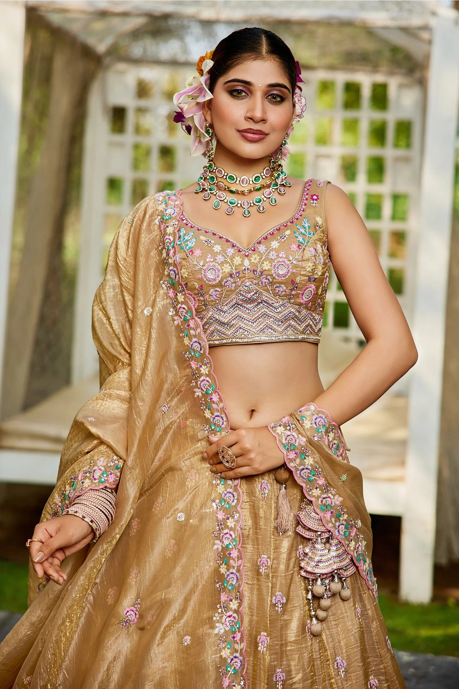 Beige Tissue Lehenga with Sequins Embroidery
