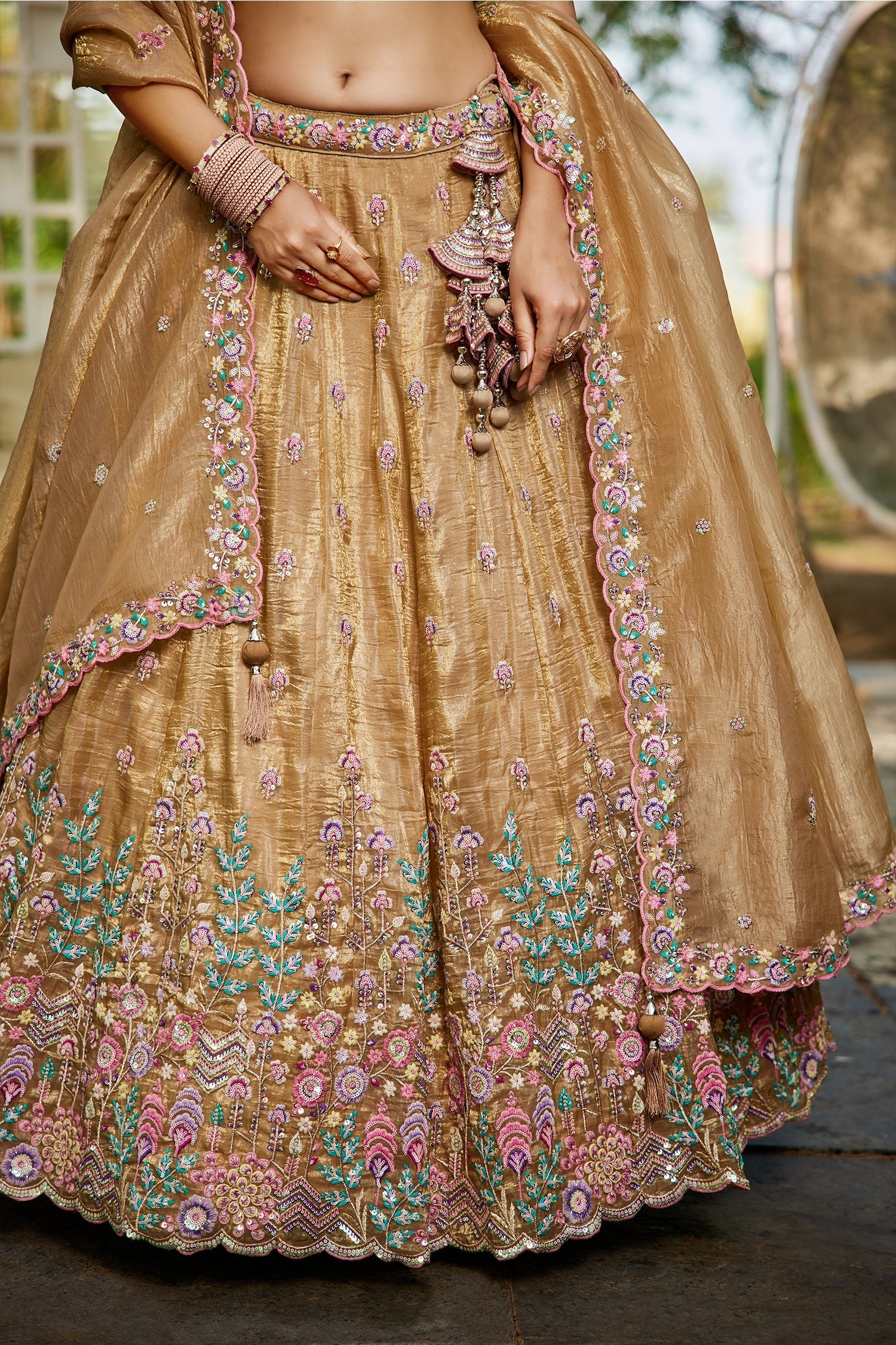 Beige Tissue Lehenga with Sequins Embroidery