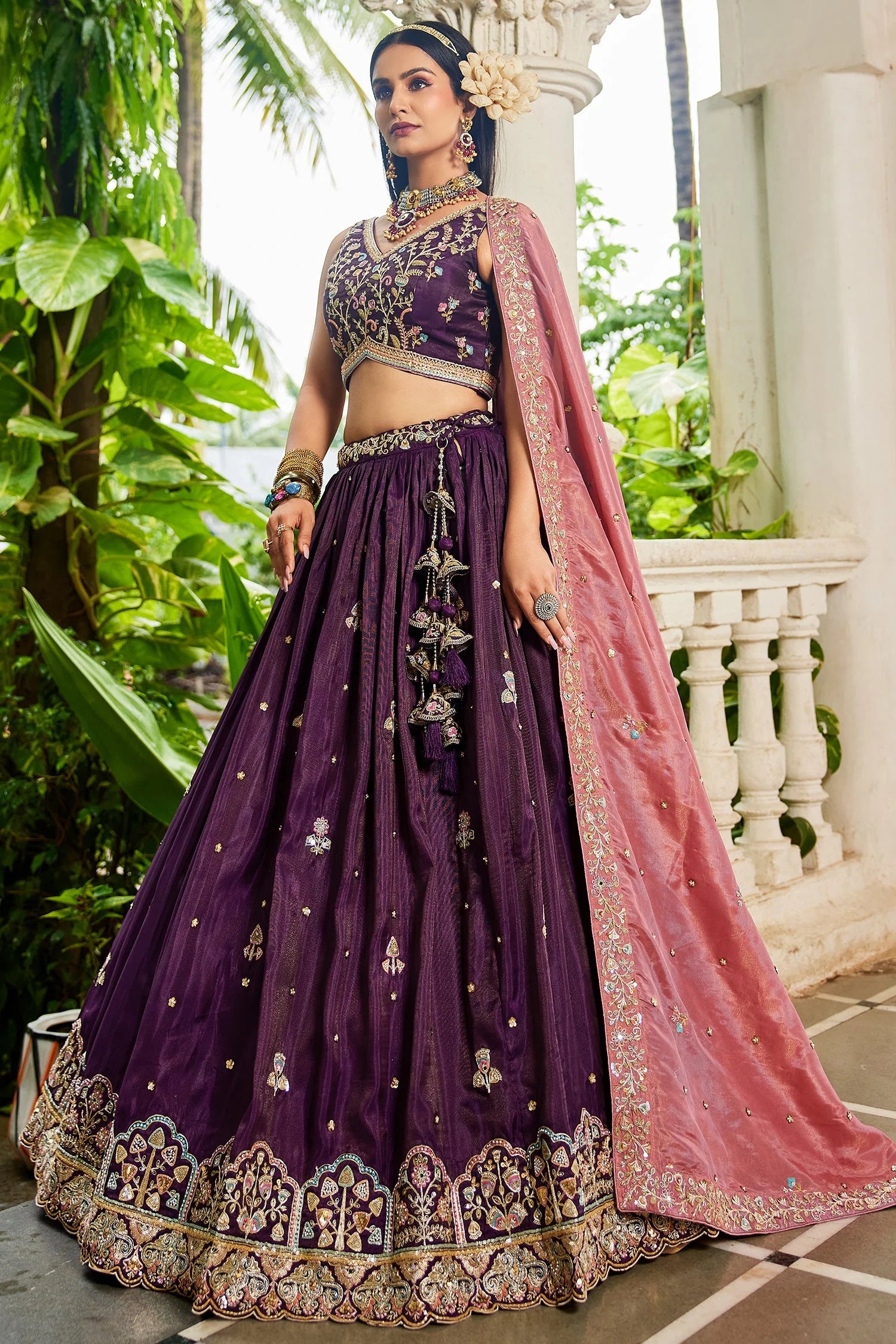 Burgundy Satin Lehenga with Sequins Embroidery