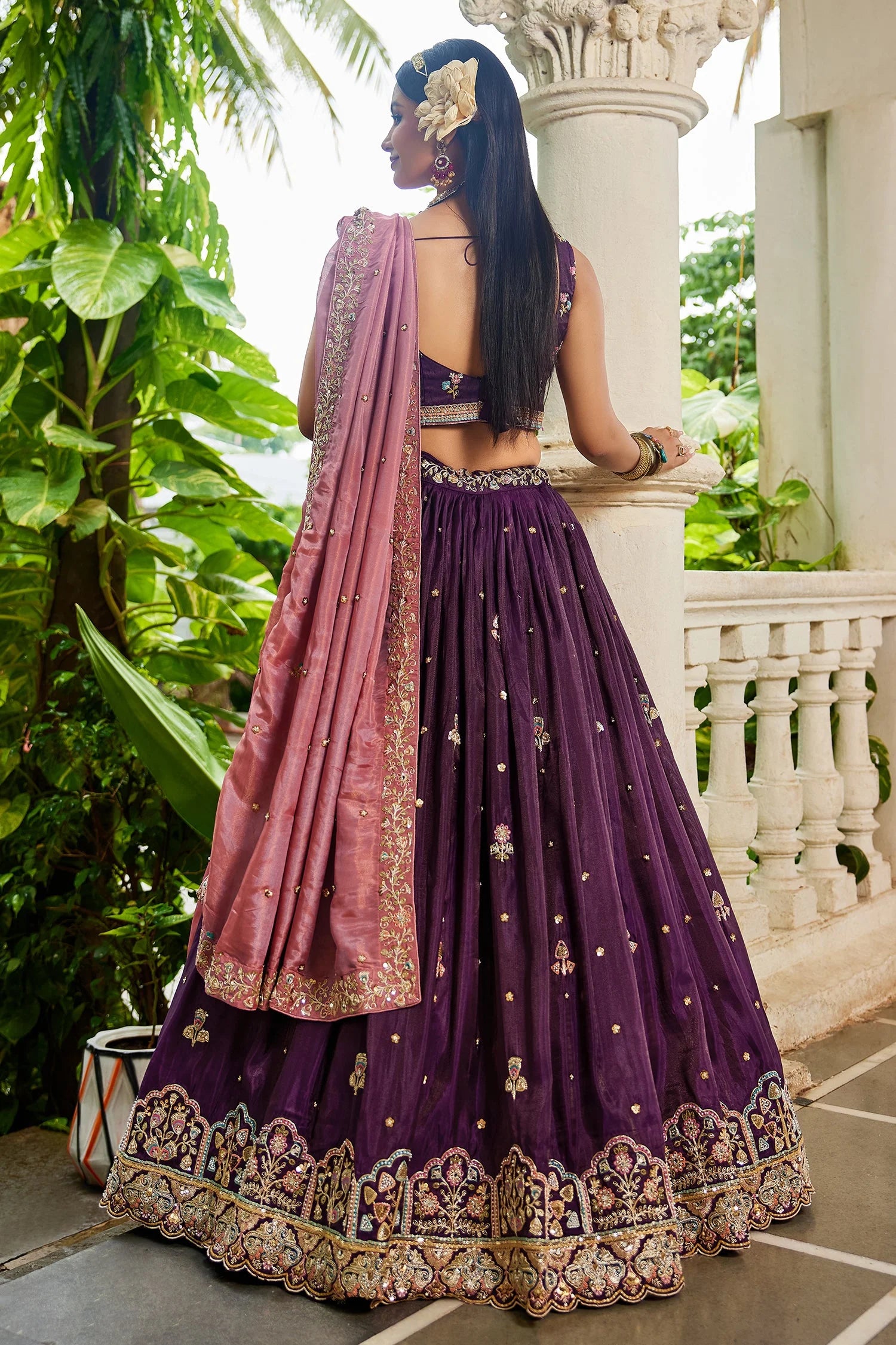 Burgundy Satin Lehenga with Sequins Embroidery