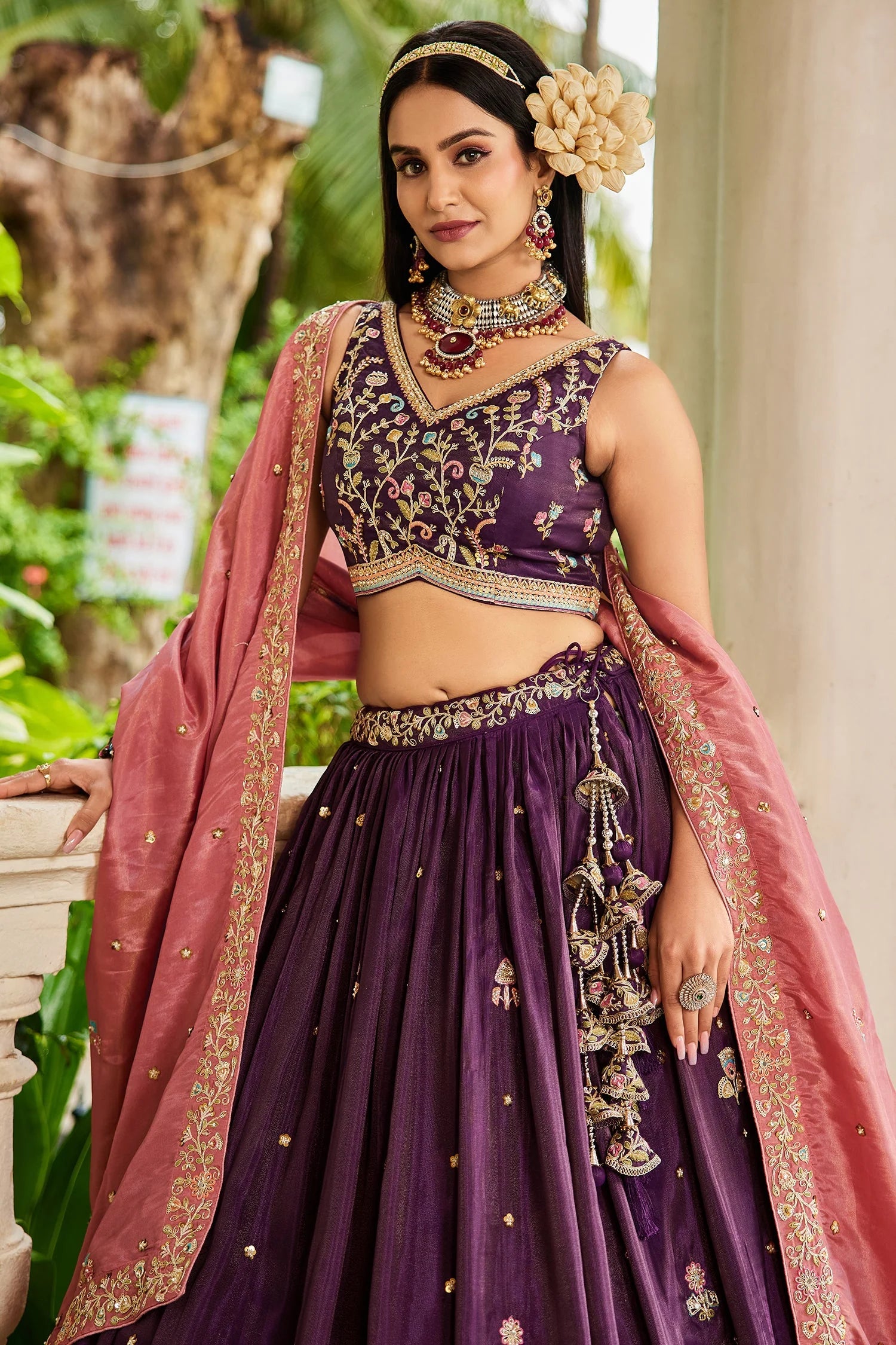 Burgundy Satin Lehenga with Sequins Embroidery