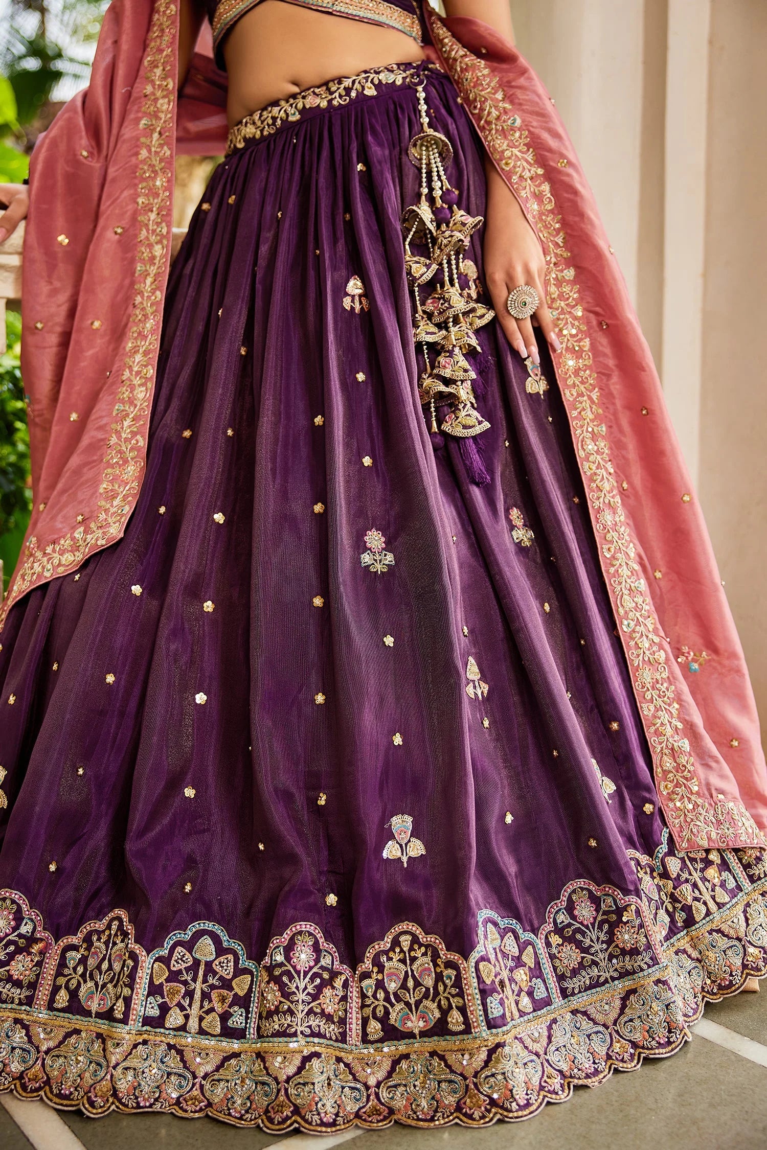 Burgundy Satin Lehenga with Sequins Embroidery