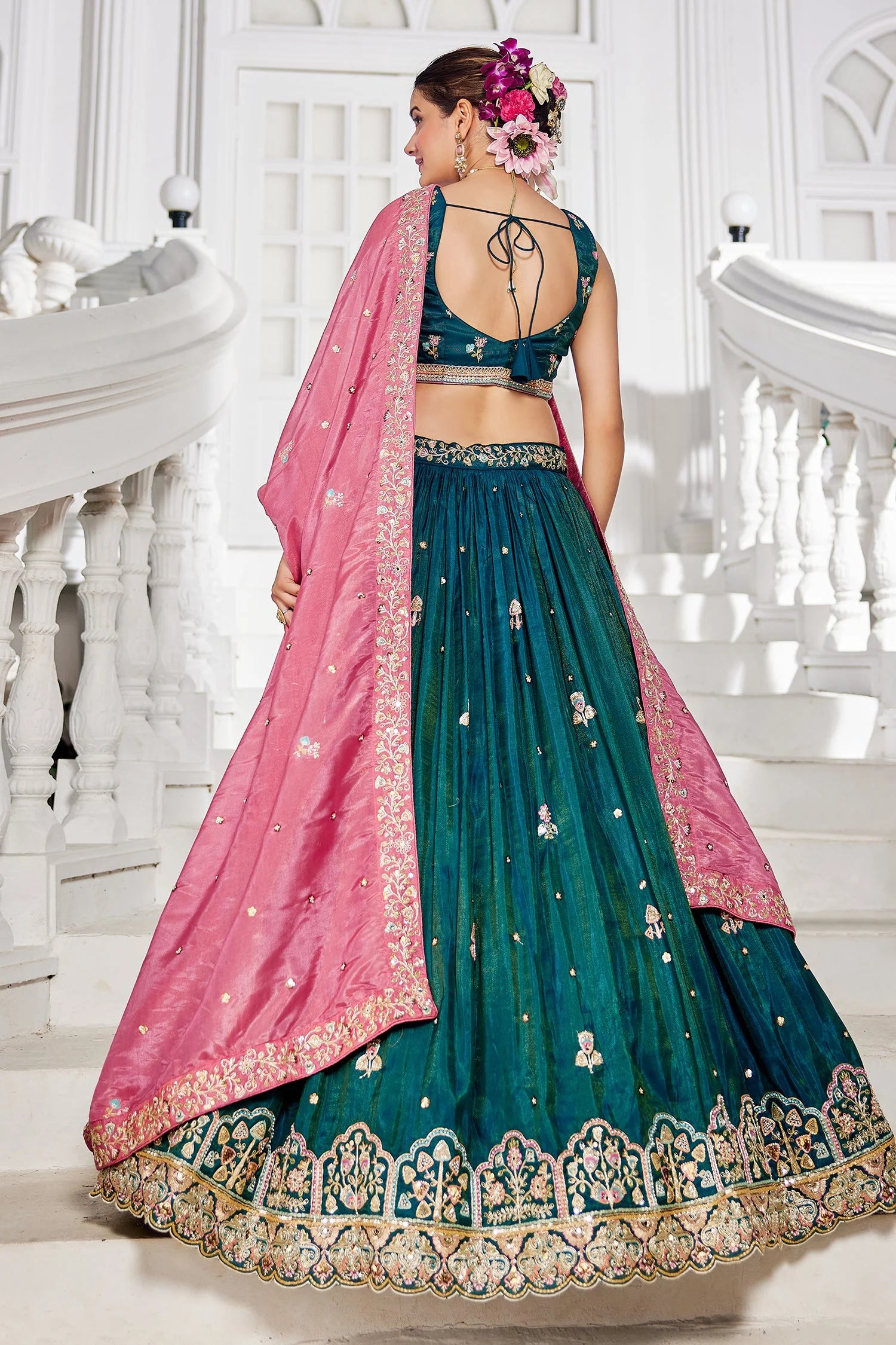 Teal Blue Satin Lehenga with Sequins Embroidery