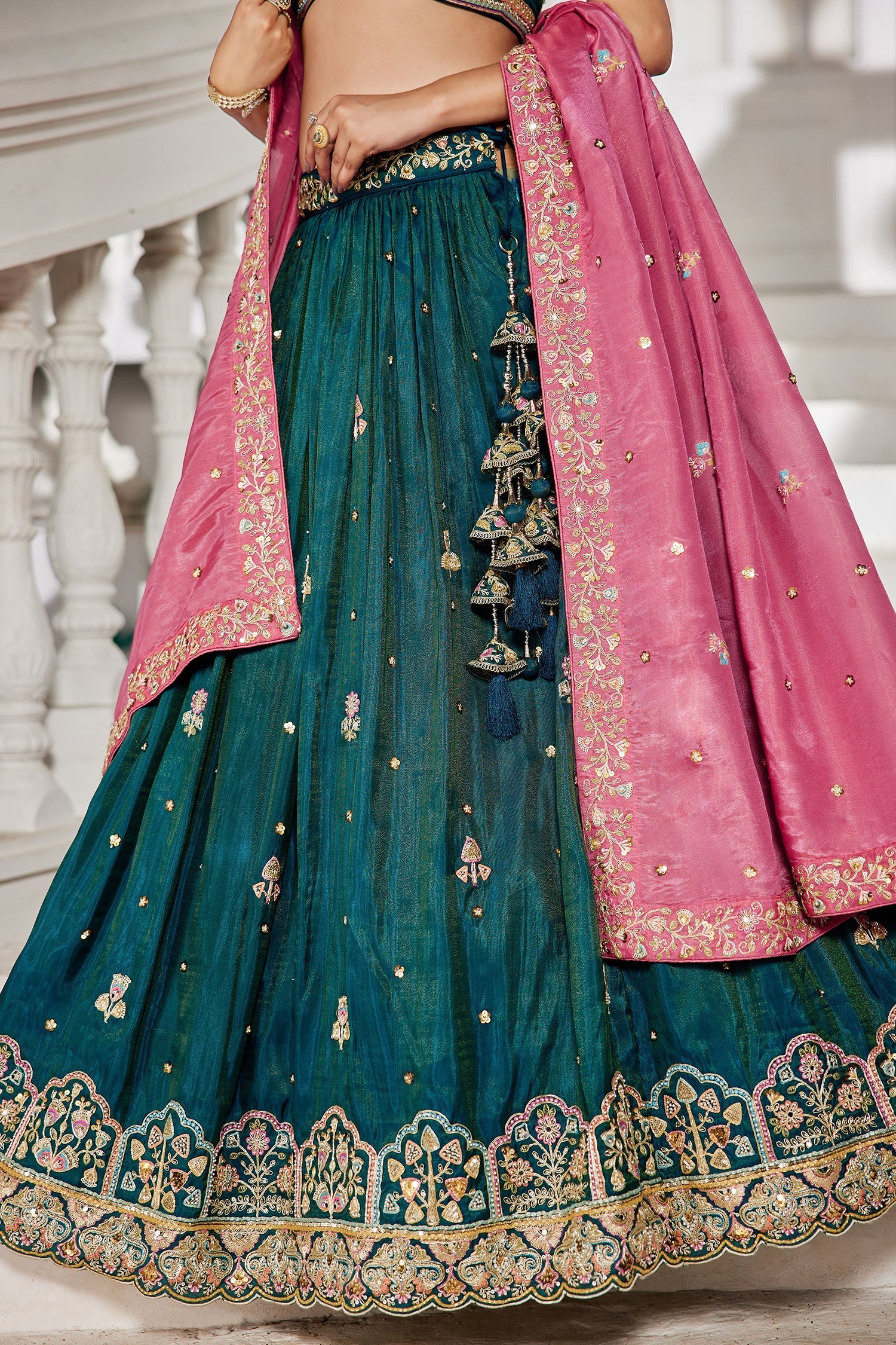 Teal Blue Satin Lehenga with Sequins Embroidery