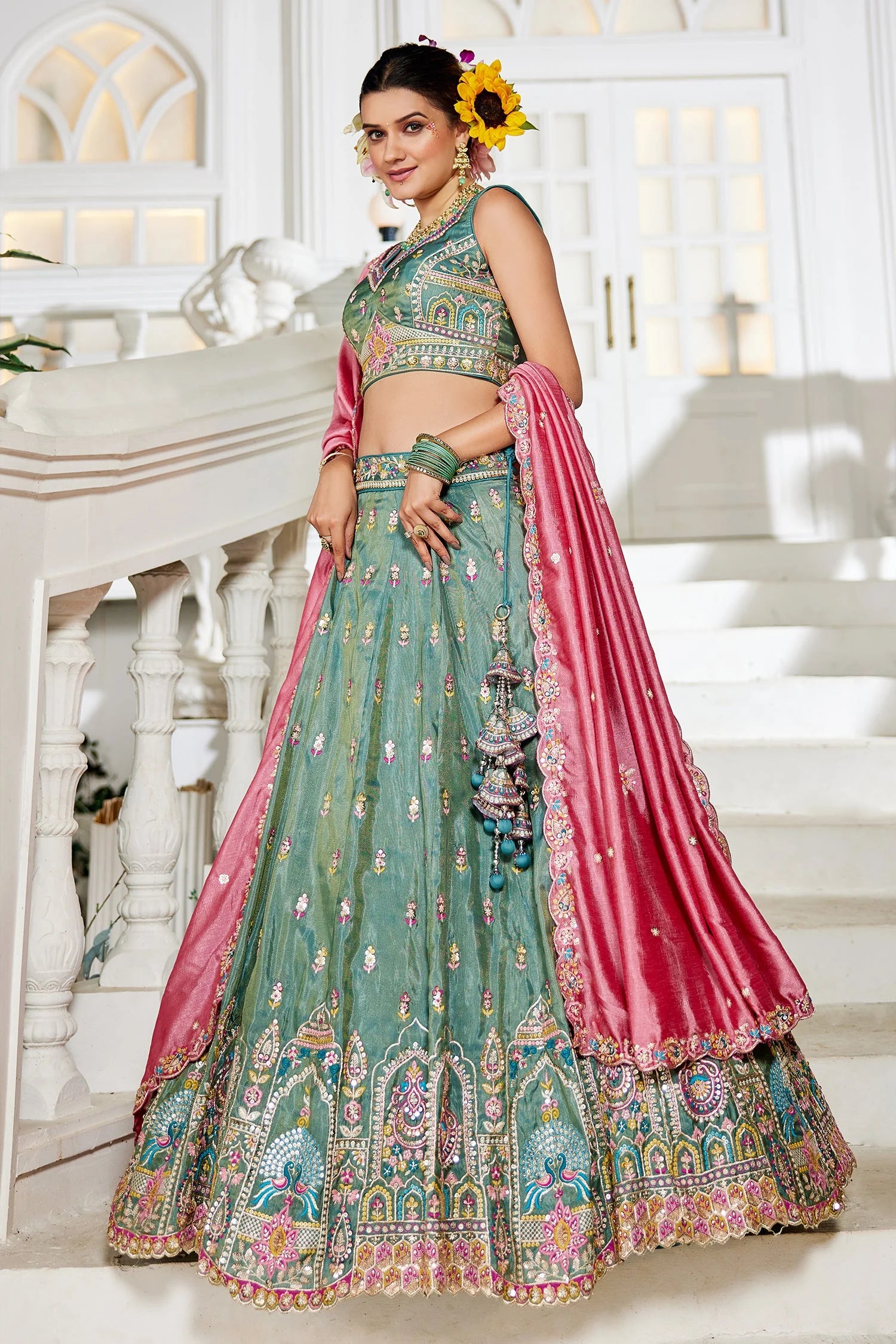 Sea Green Tissue Embroidery Lehenga