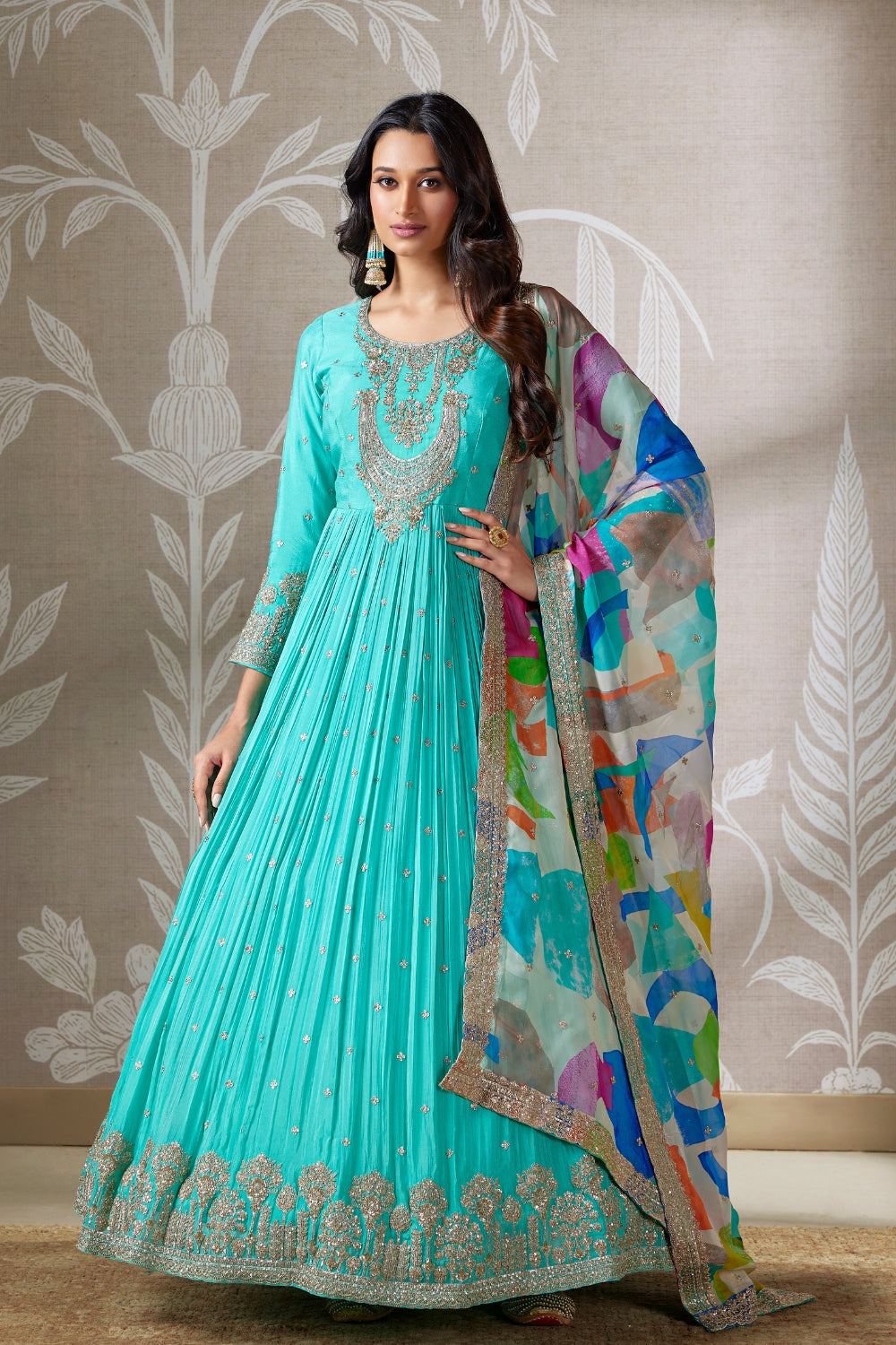 CHINON SILK ANARKALI WITH EMBROIDERY AND SEQUINS