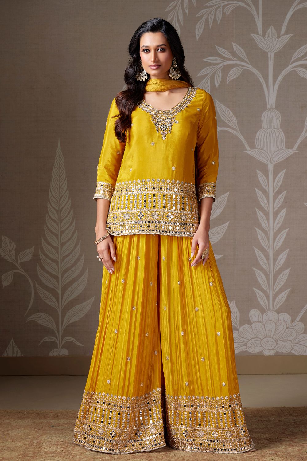 CHINON SILK PALAZZO SUIT WITH CUTDANA AND EMBROIDERY