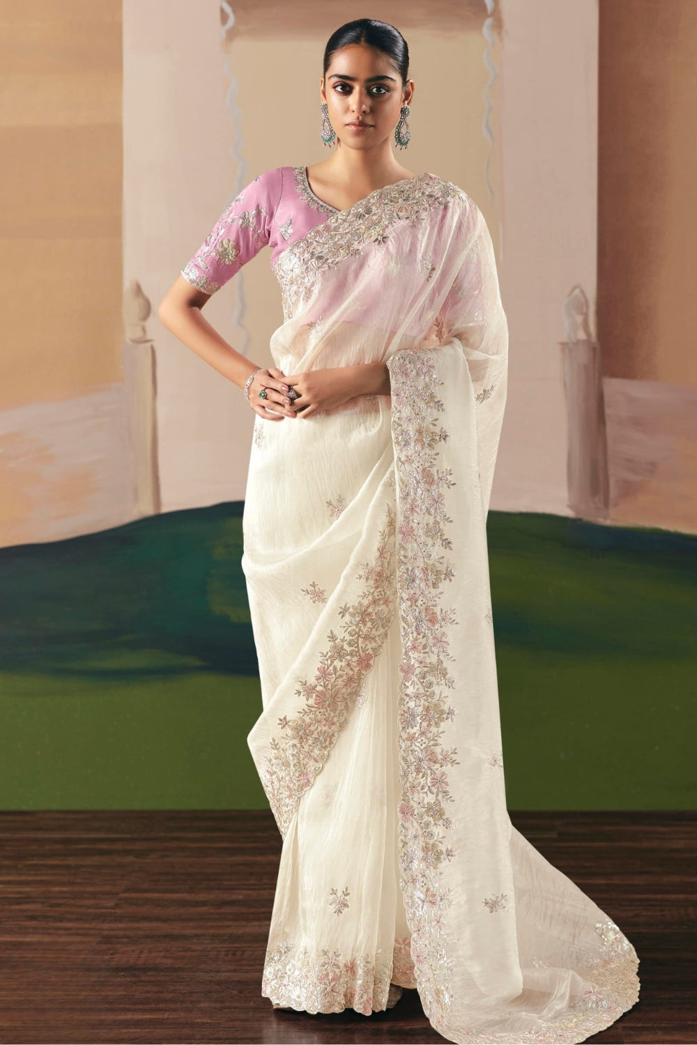CREAM CRUSH TISSUE SAREE WITH MOTI AND SEQUINS
