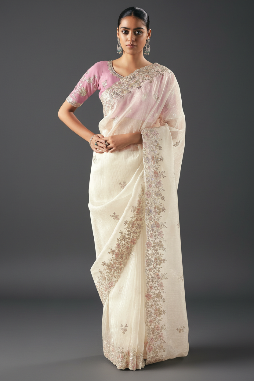 CREAM CRUSH TISSUE SAREE WITH MOTI AND SEQUINS