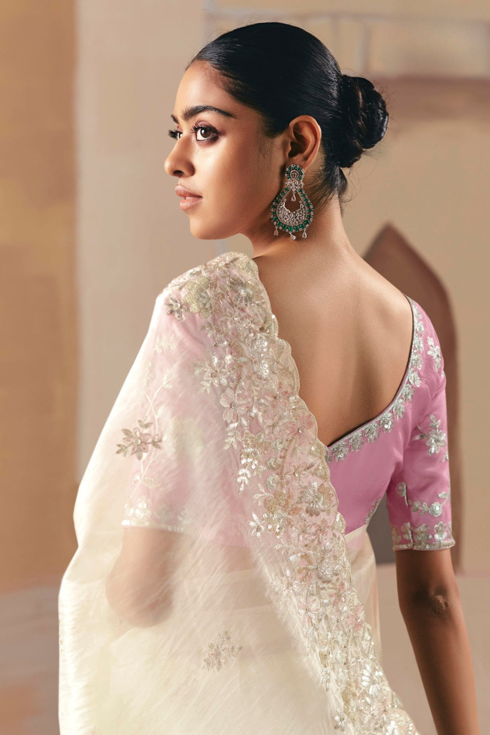 CREAM CRUSH TISSUE SAREE WITH MOTI AND SEQUINS