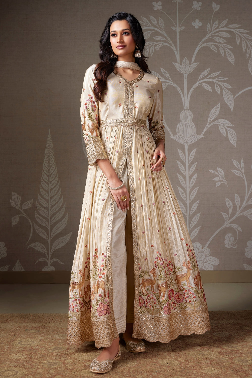 BEIGE TISSUE SILK ANARKALI SUIT WITH EMBROIDERY AND SEQUINS