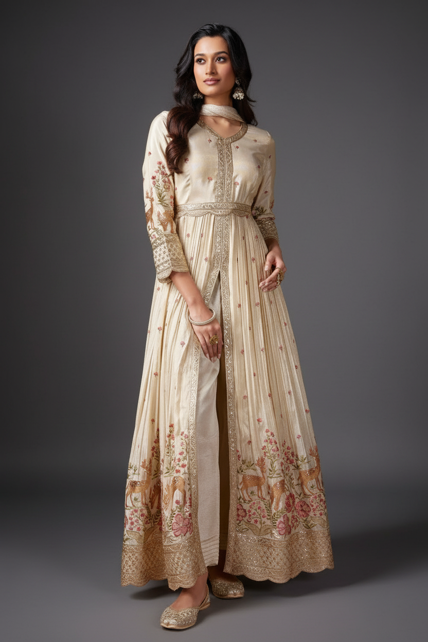 BEIGE TISSUE SILK ANARKALI SUIT WITH EMBROIDERY AND SEQUINS
