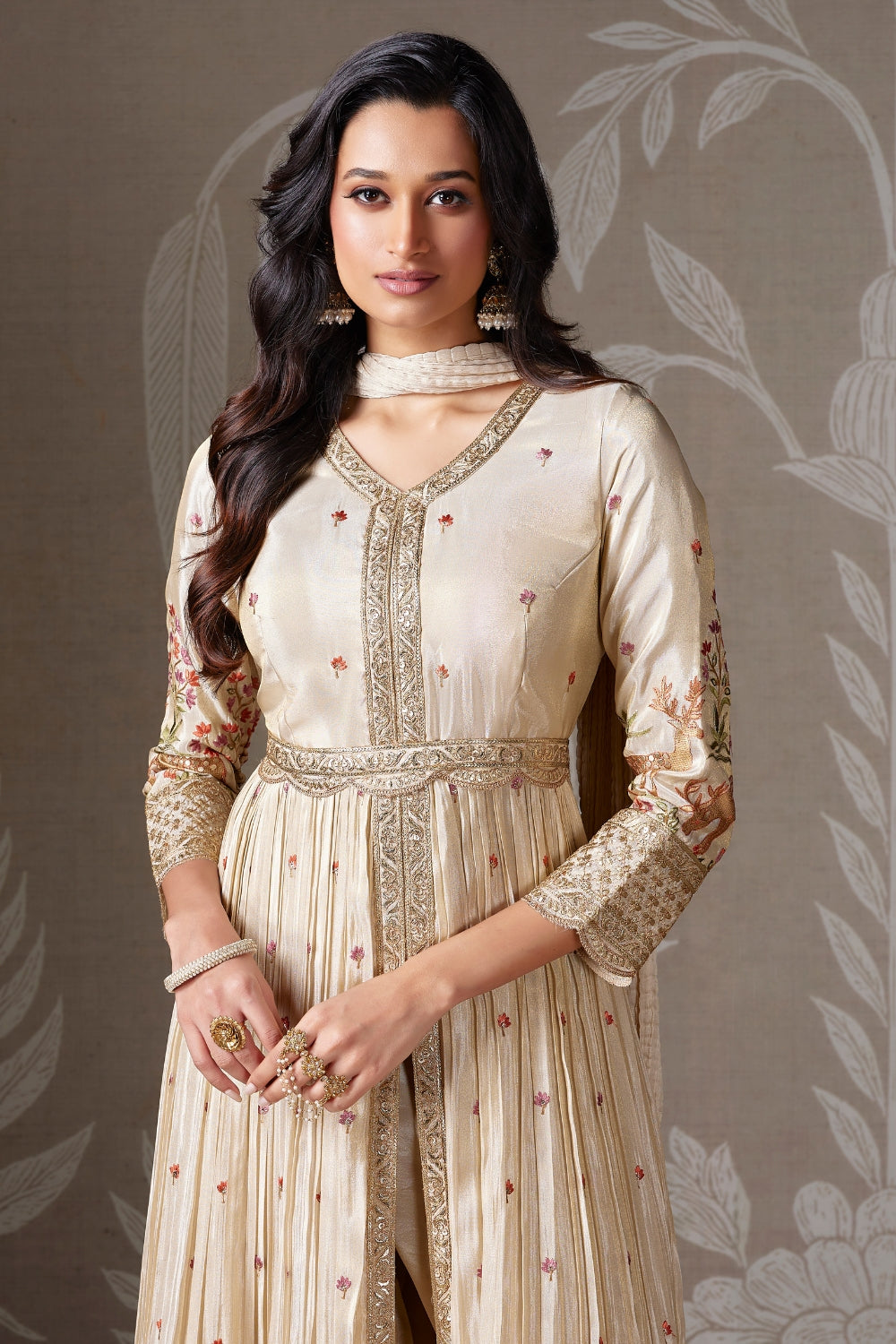 BEIGE TISSUE SILK ANARKALI SUIT WITH EMBROIDERY AND SEQUINS