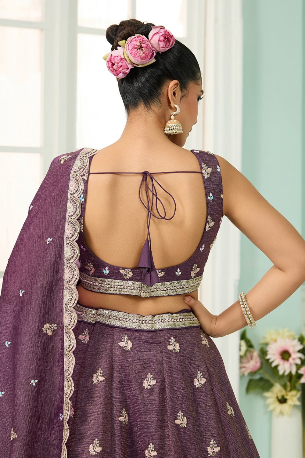 CRUSH TISSUE LEHENGA CHOLI WITH MOTI AND SEQUINS