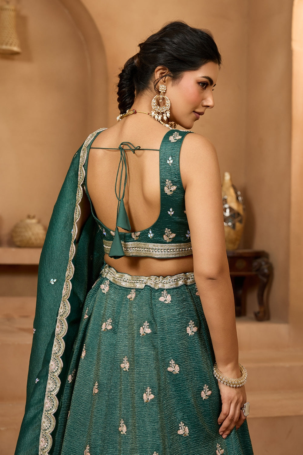 CRUSH TISSUE LEHENGA CHOLI WITH MOTI AND SEQUINS