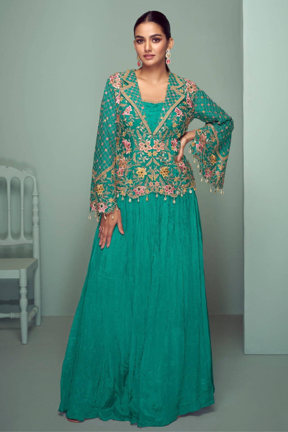 Chinon Anarkali Set with Mirror and Embroidery Work