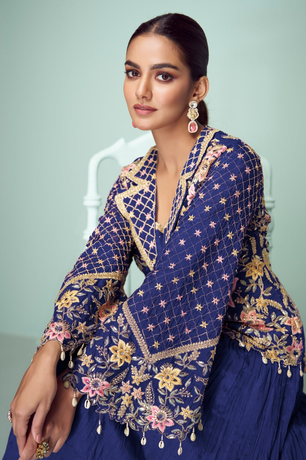 Chinon Anarkali Set with Mirror and Embroidery Work