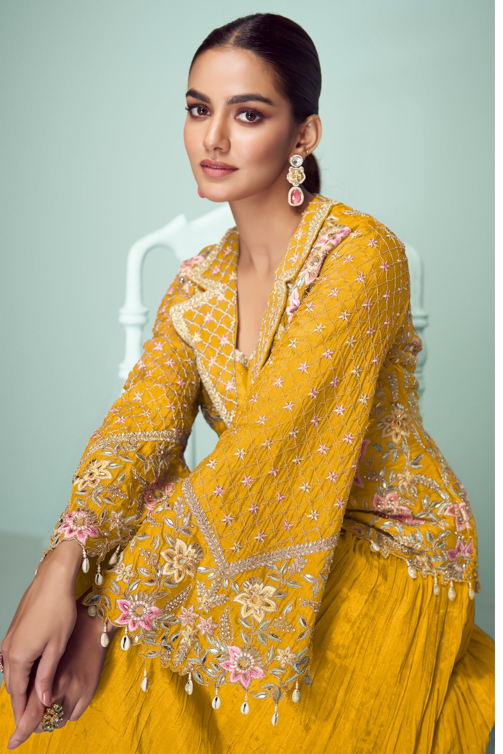 Chinon Anarkali Set with Mirror and Embroidery Work