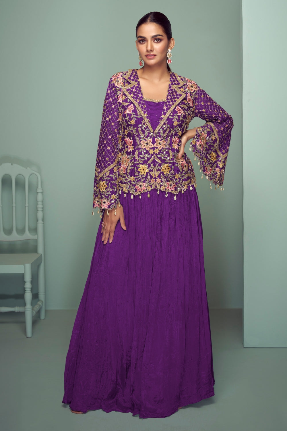 Chinon Anarkali Set with Mirror and Embroidery Work