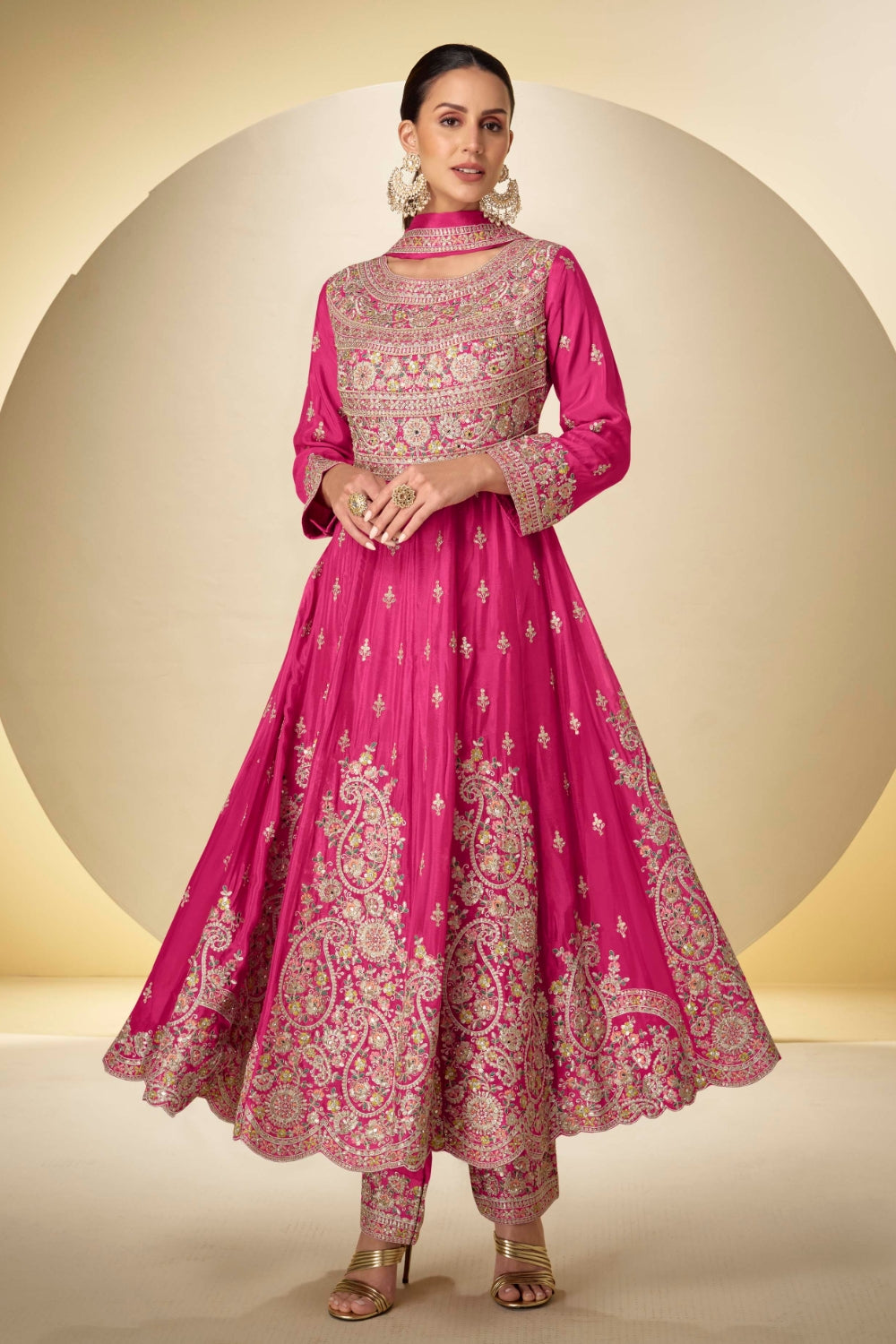 Pink Chinon Anarkali Set with Mirror and Stone Work