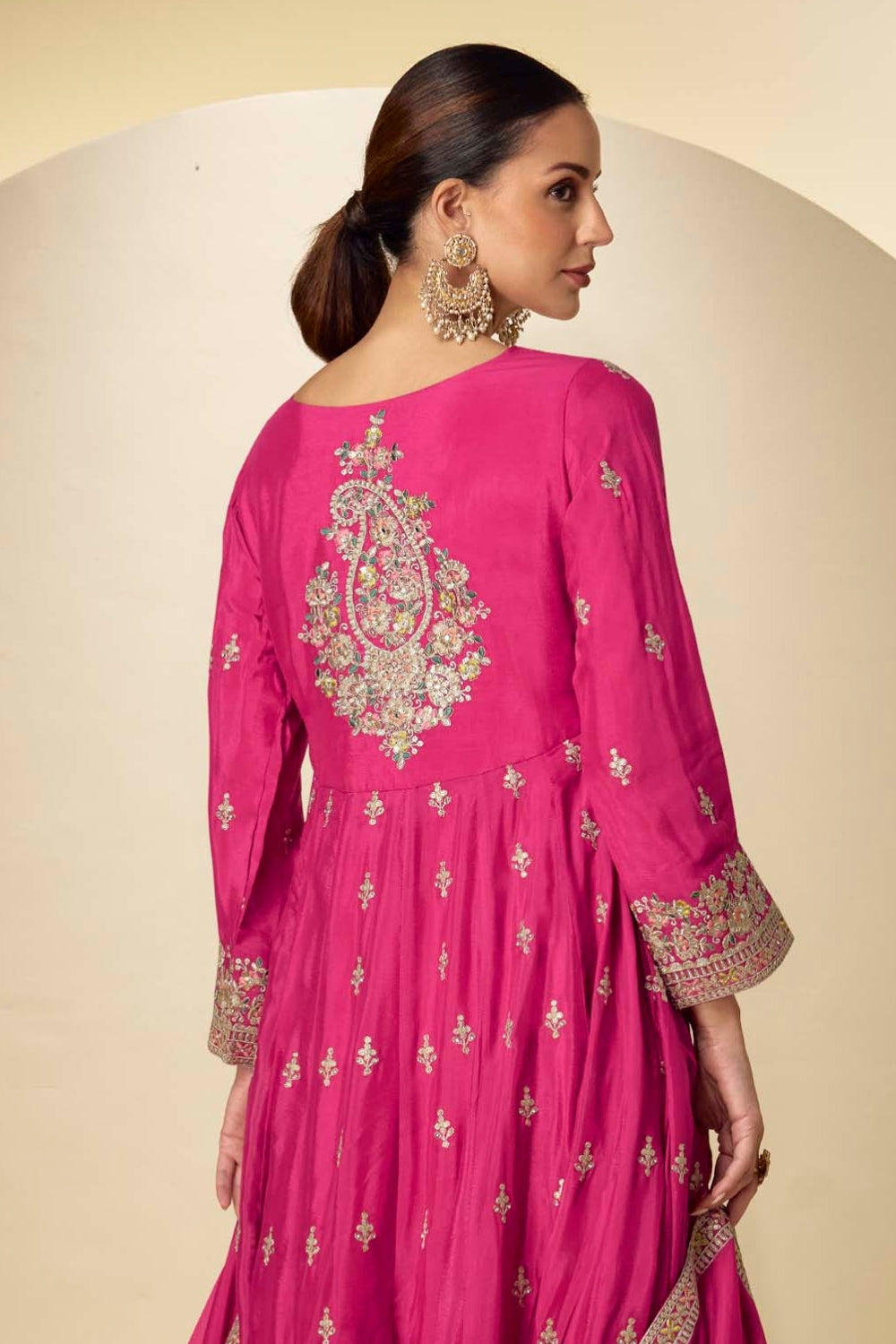 Pink Chinon Anarkali Set with Mirror and Stone Work