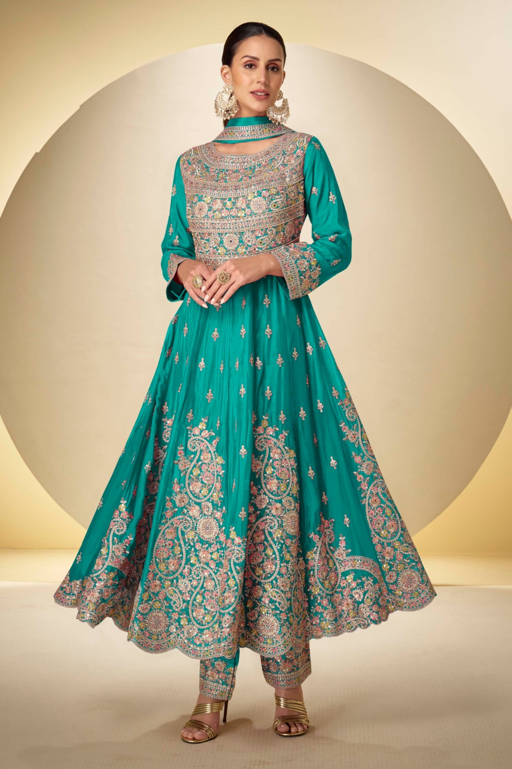 Chinon Anarkali Set with Mirror and Stone Work
