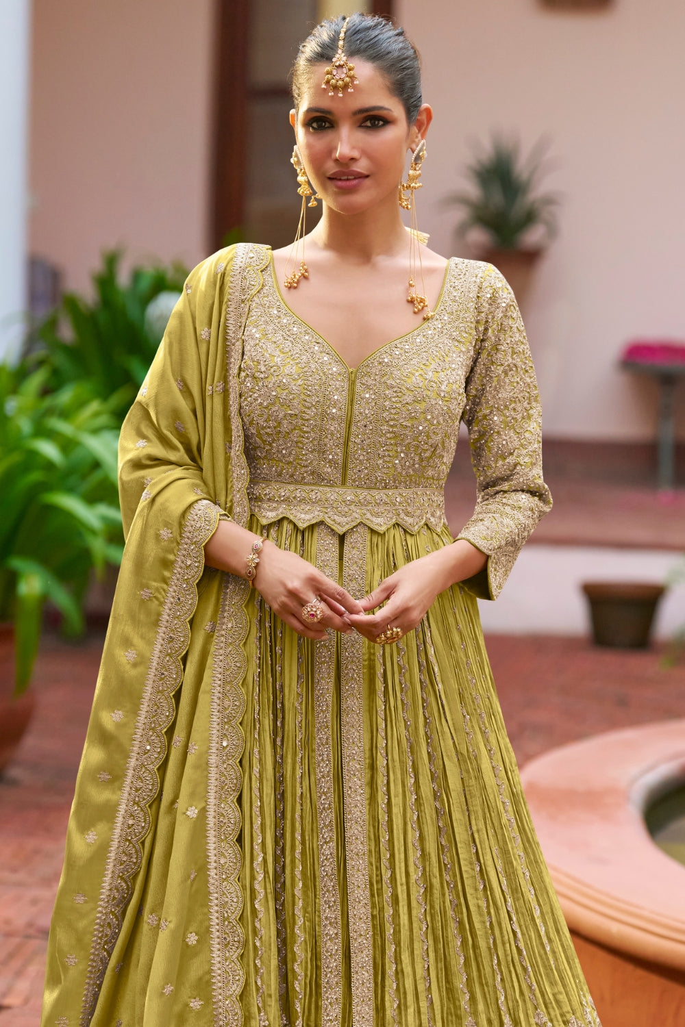 Chinon Anarkali Set with Resham Embroidery and Sequins Work