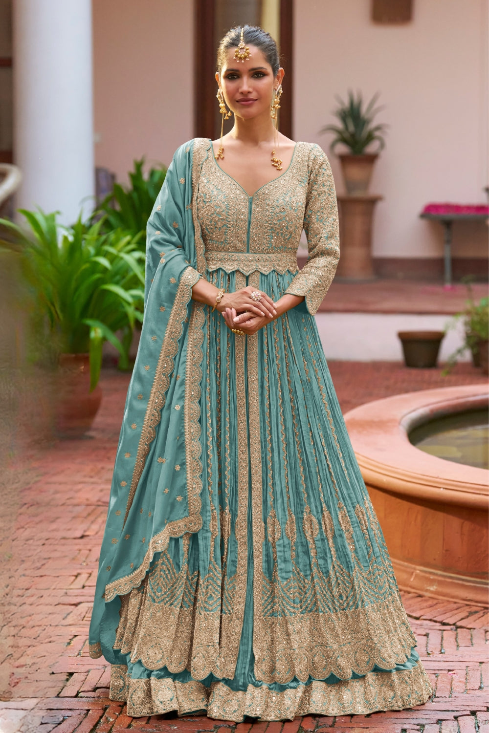 Chinon Anarkali Set with Resham Embroidery and Sequins Work