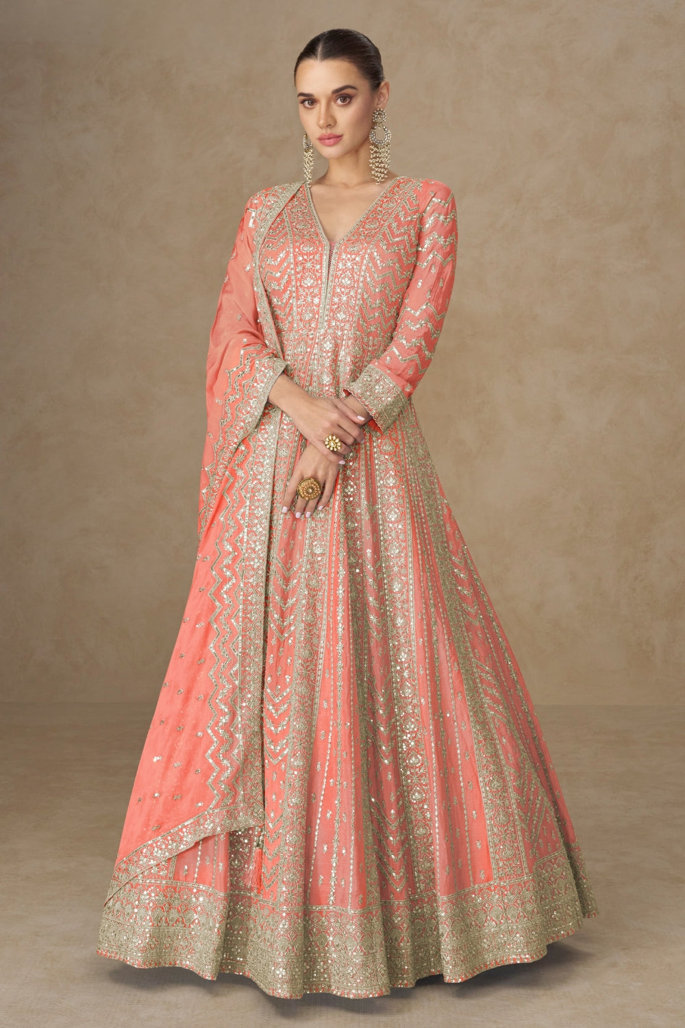 Chinon Anarkali Set with Resham Embroidery and Sequins Work