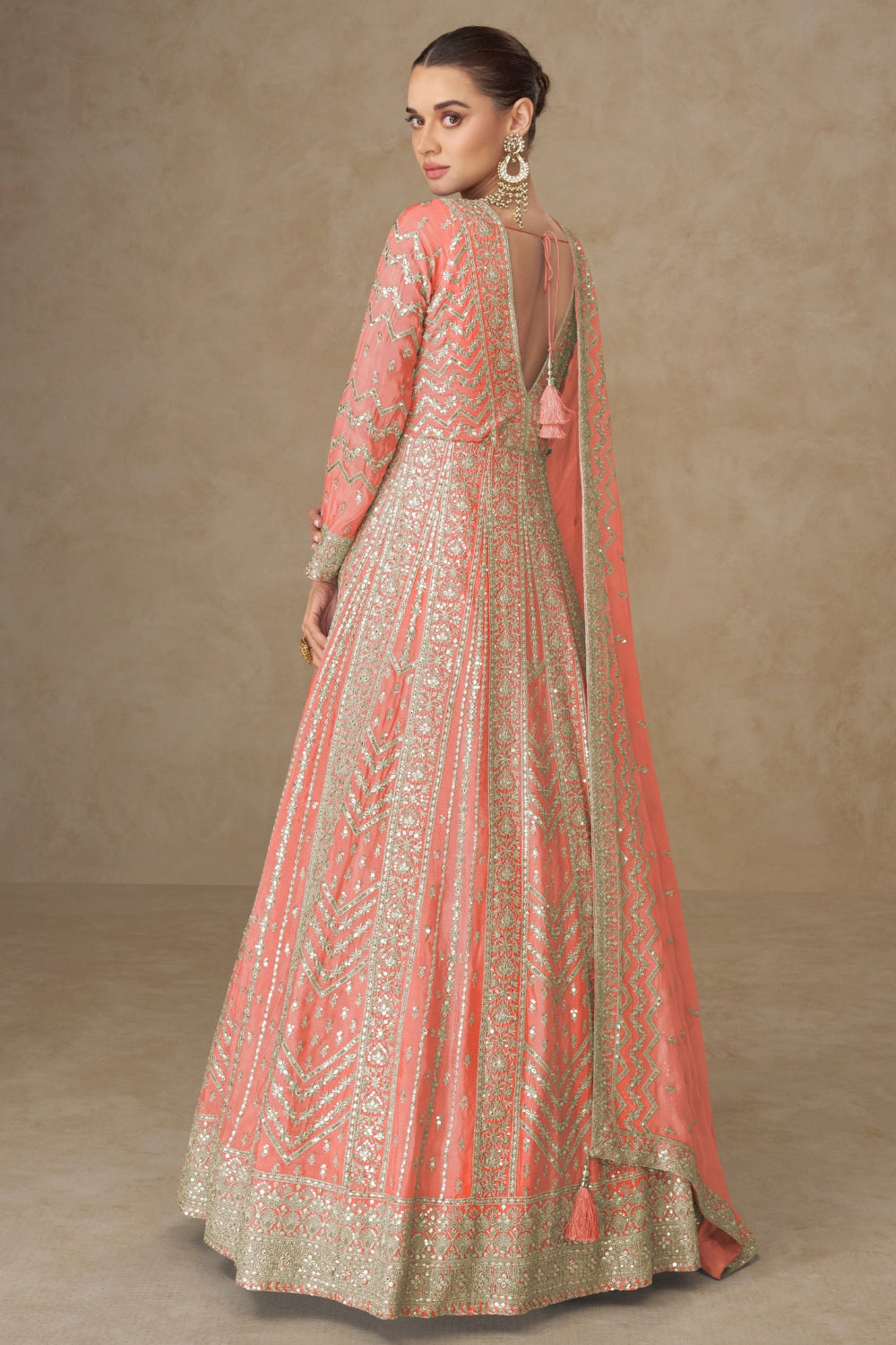 Chinon Anarkali Set with Resham Embroidery and Sequins Work