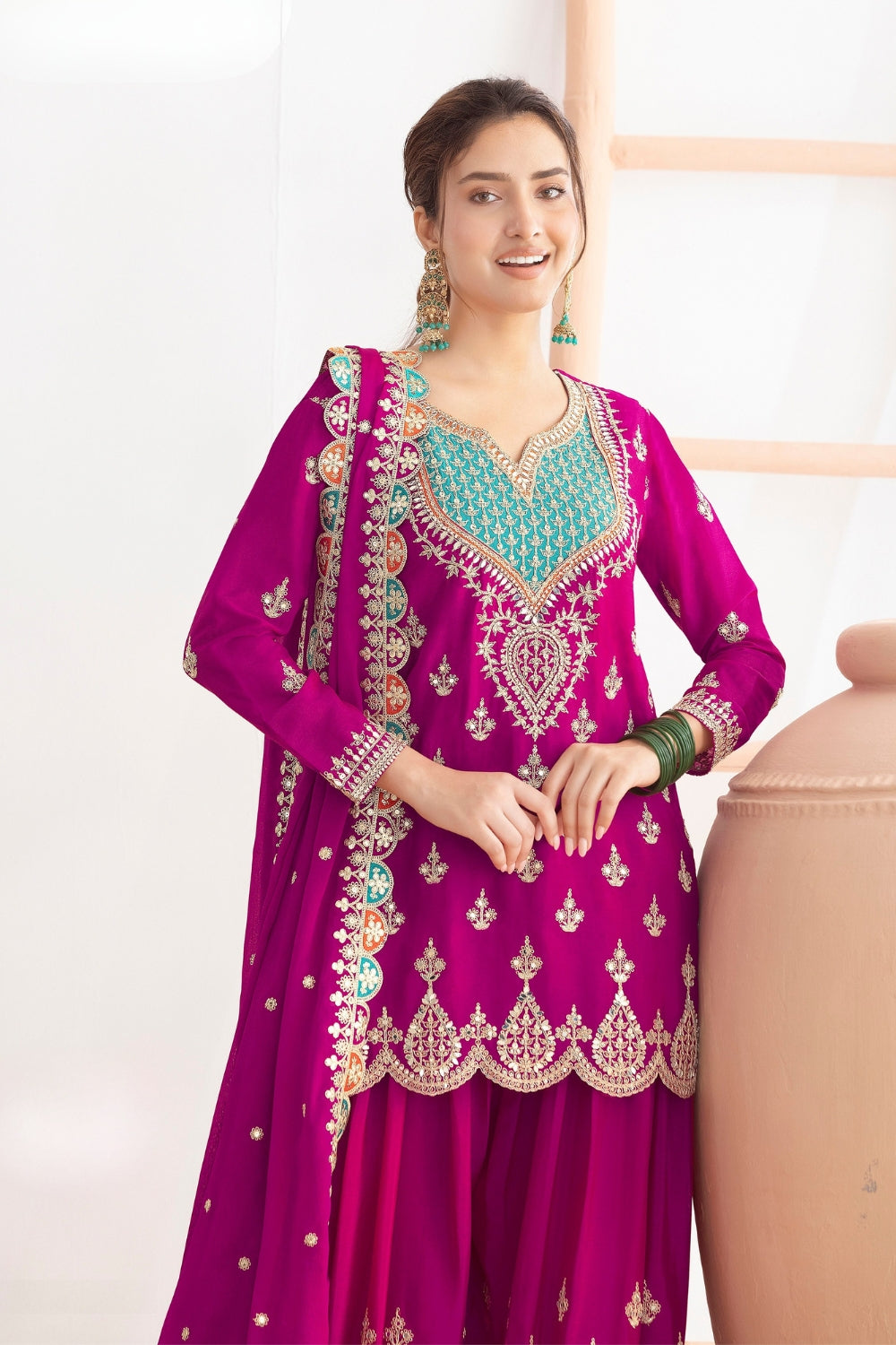 Chinon Palazzo Set with Resham Embroidery and Sequins Work