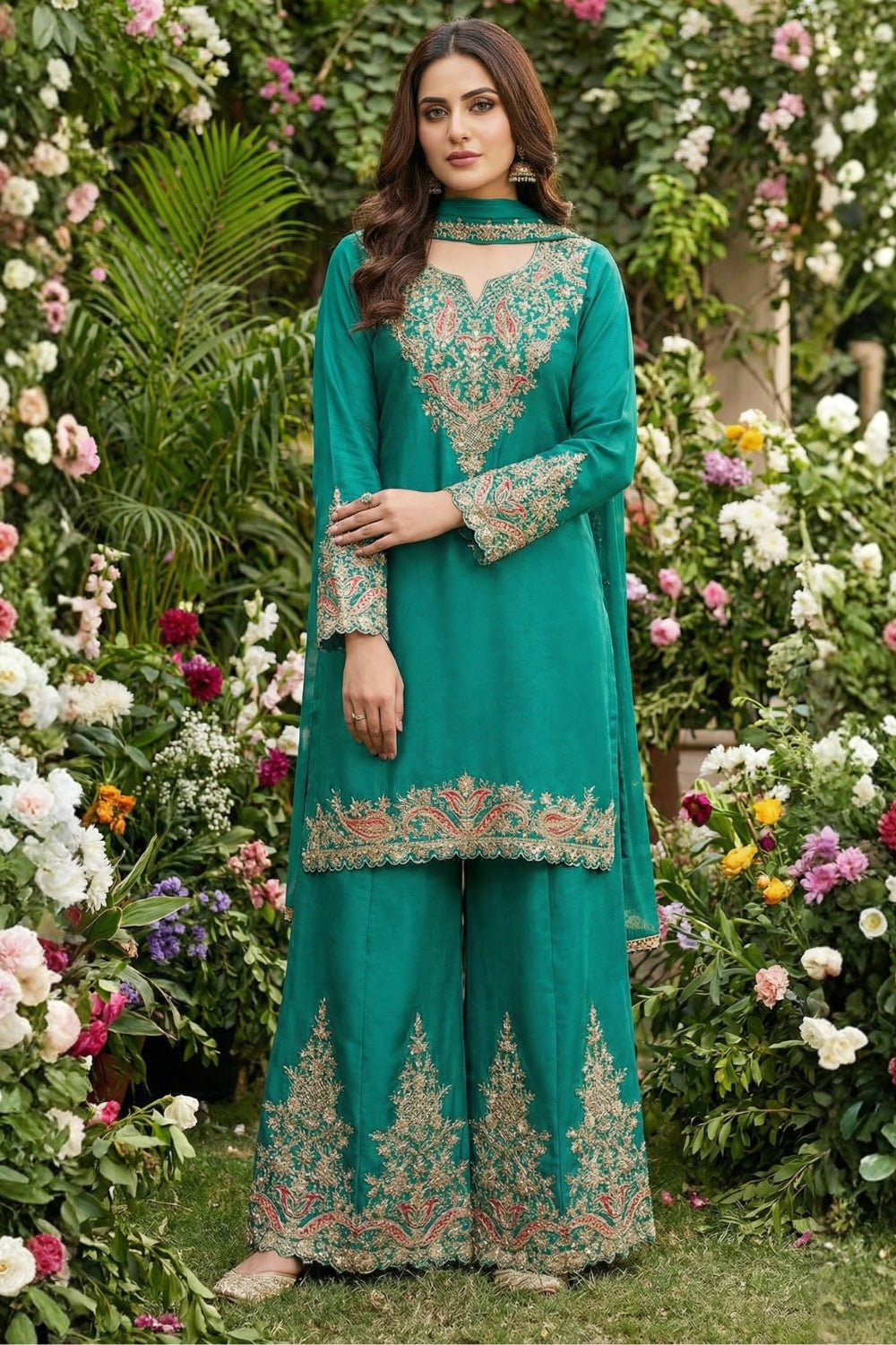 Chinon Palazzo Set with Resham Embroidery and Stone Work