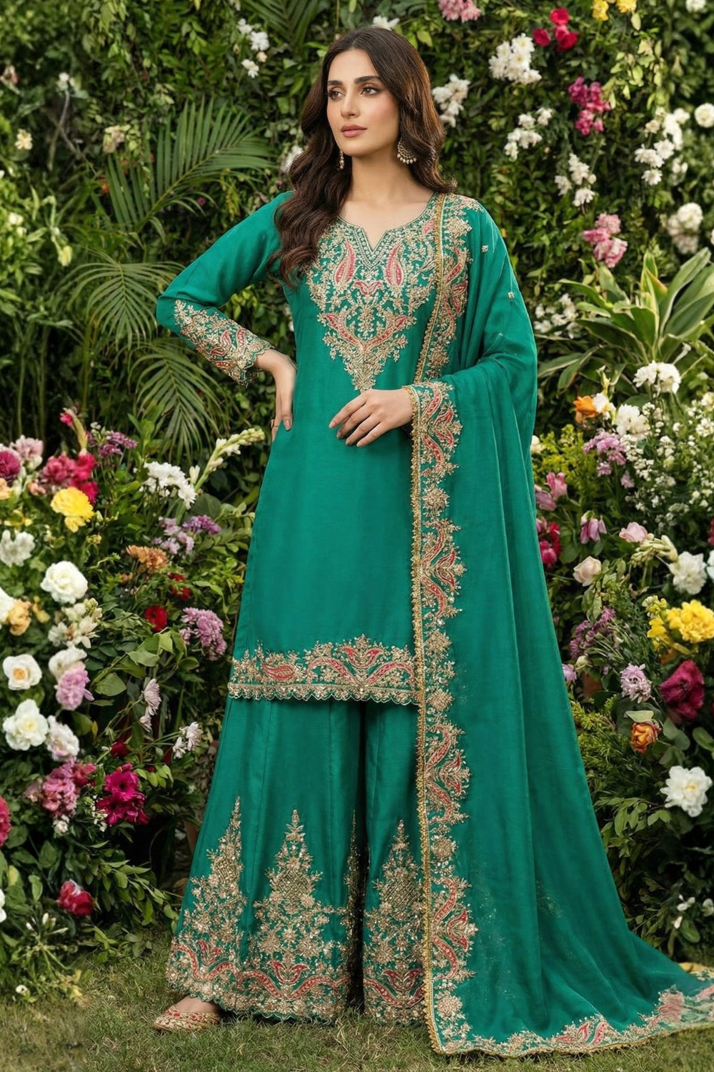 Chinon Palazzo Set with Resham Embroidery and Stone Work