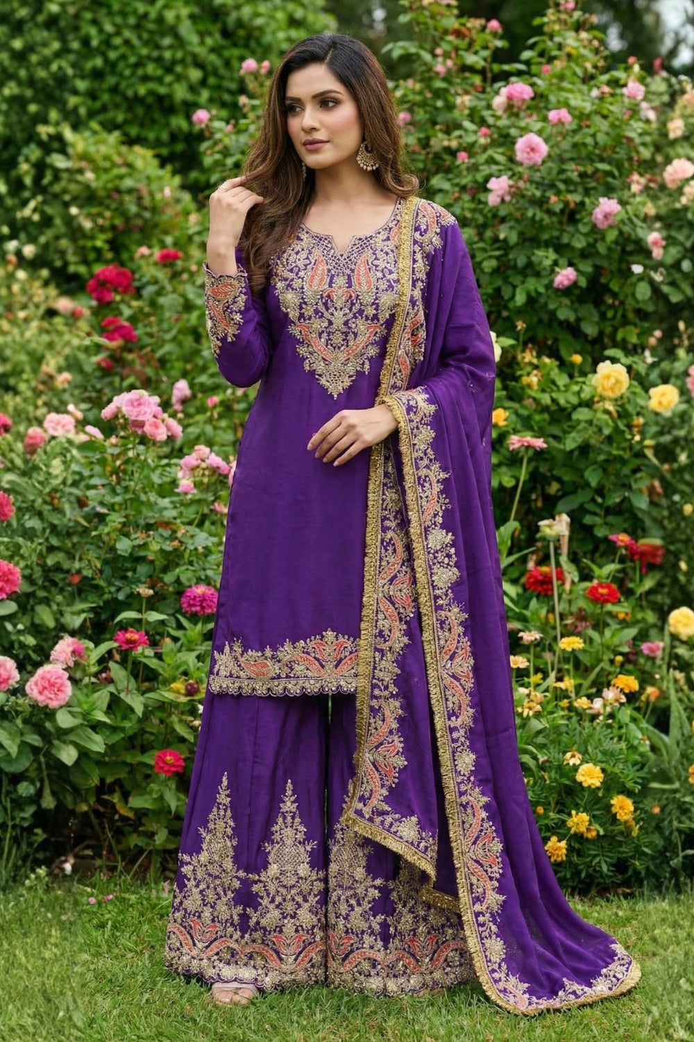 Chinon Palazzo Set with Resham Embroidery and Stone Work