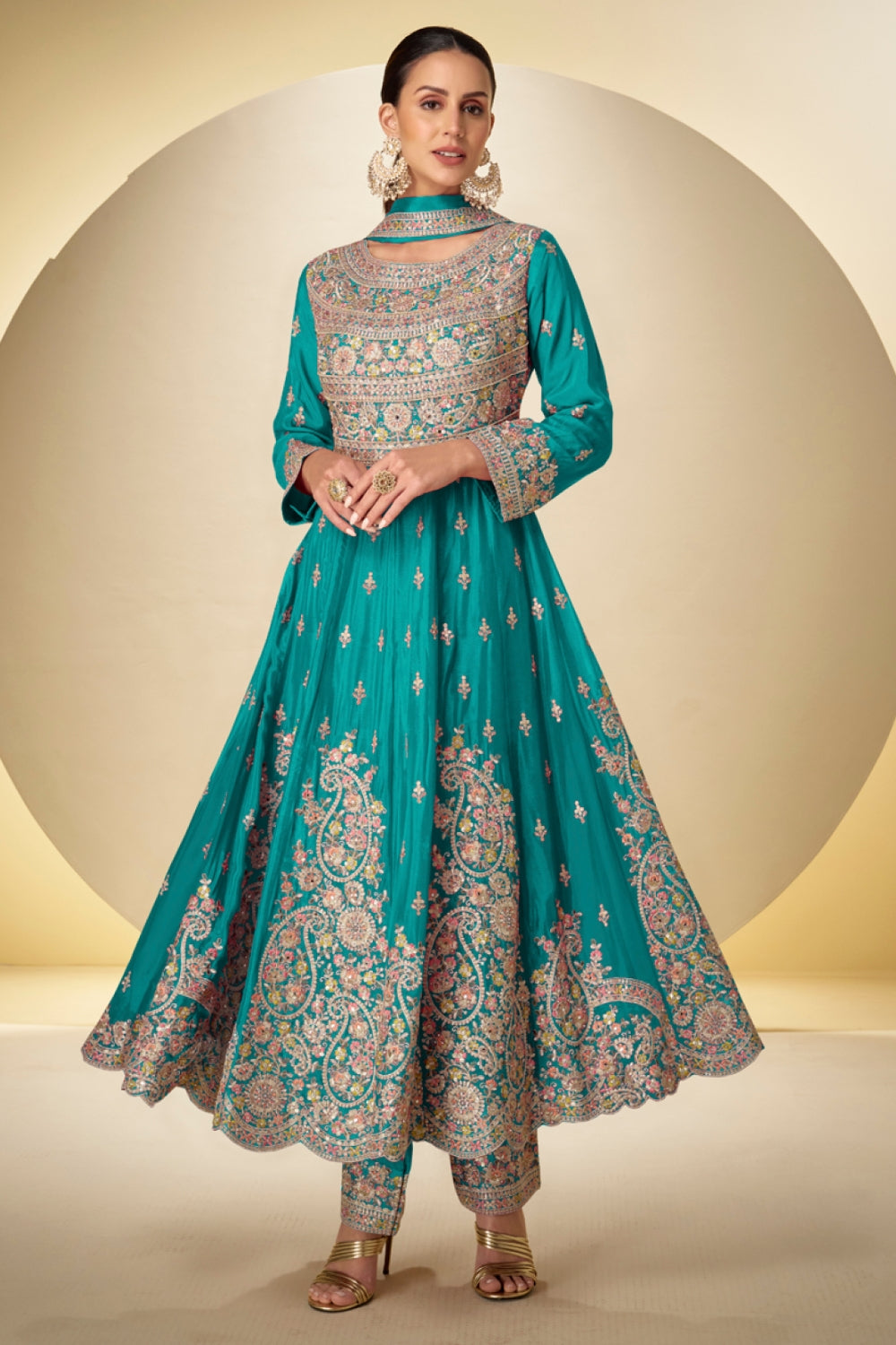 Chinon Anarkali Set with Mirror and Stone Work