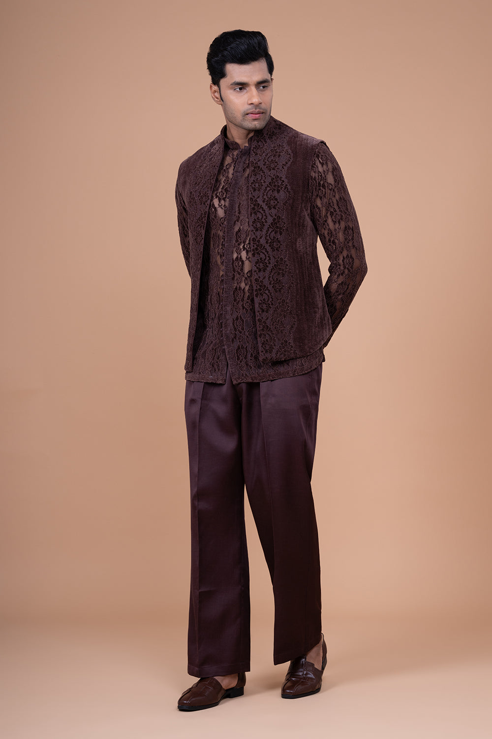 Sheer Floral Lace Kurta with Velvet Trim and Tonal Trousers.