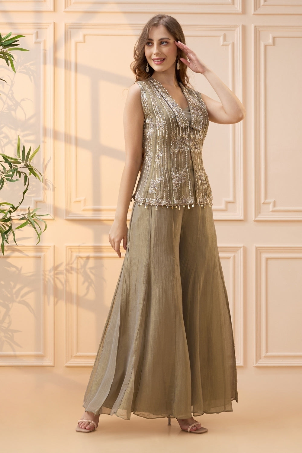 Copper Tissue Palazzo Set with Zardosi and Moti Work