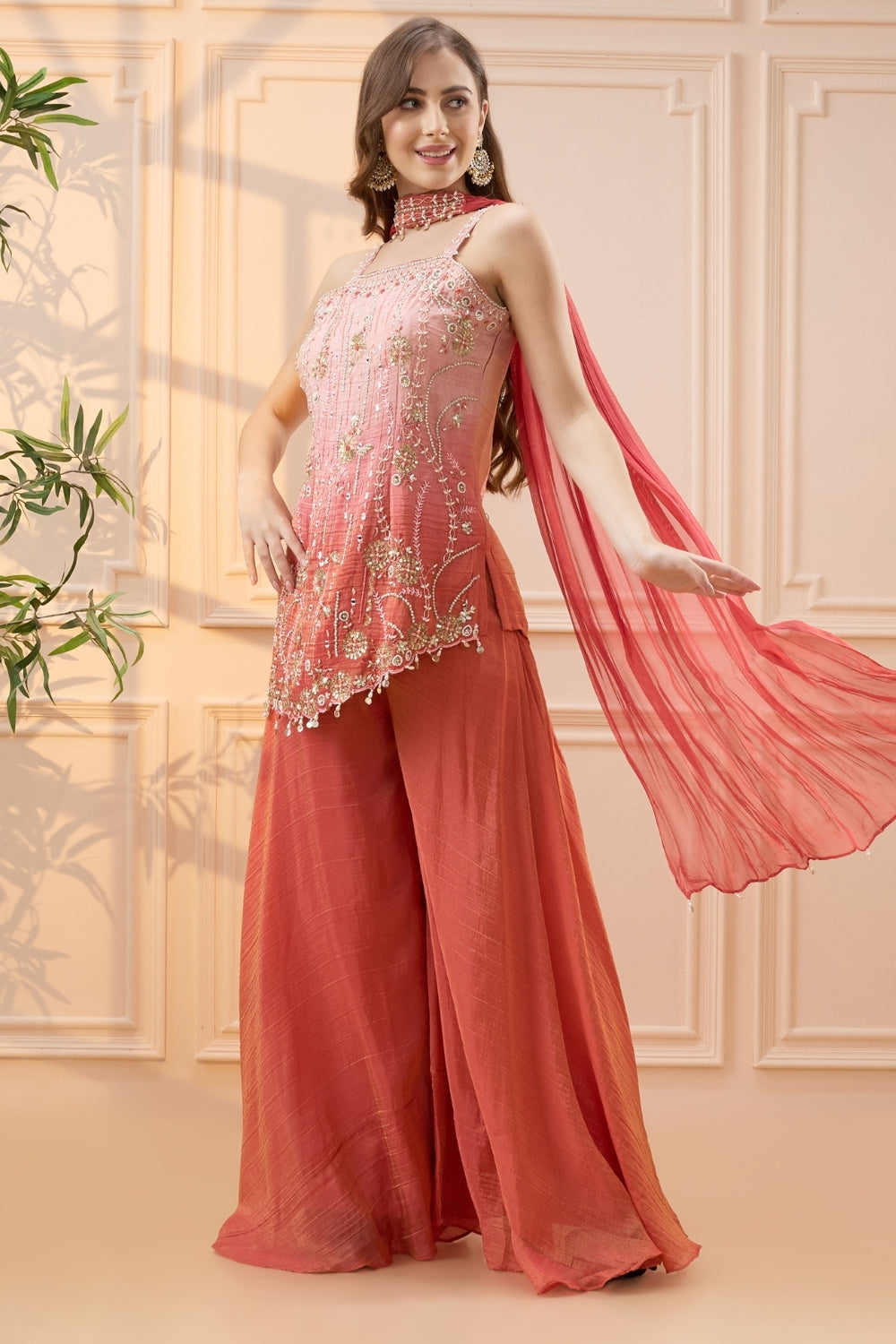 Coral Ombre Tissue Palazzo Set with Cutdana and Moti Work