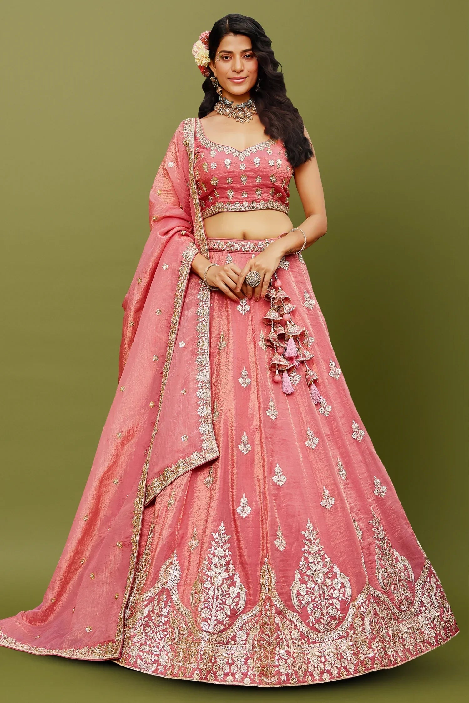 Coral Pink Organza Silk Lehenga with Sequin Zari Embroidered Border