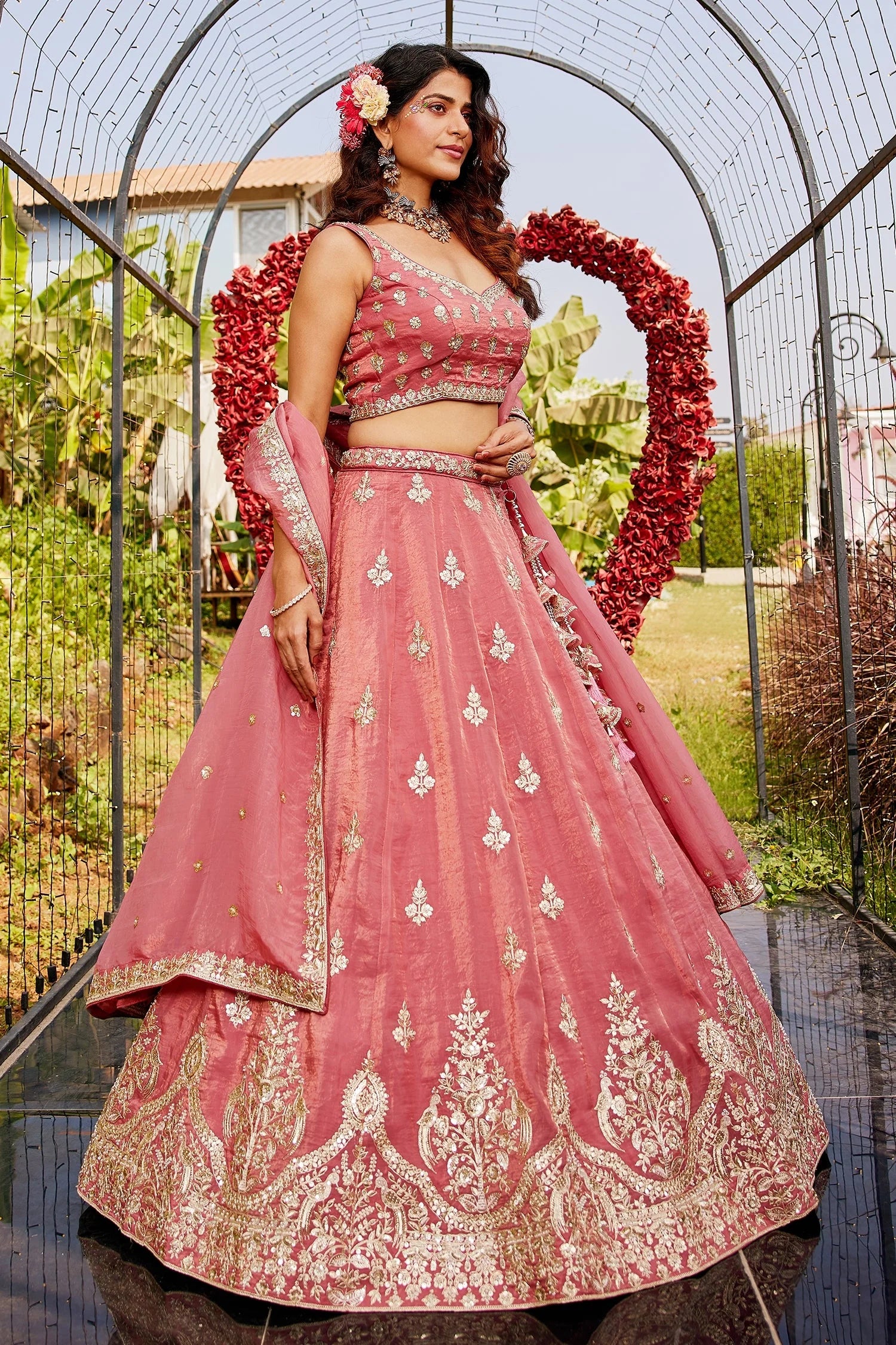Coral Pink Organza Silk Lehenga with Sequin Zari Embroidered Border