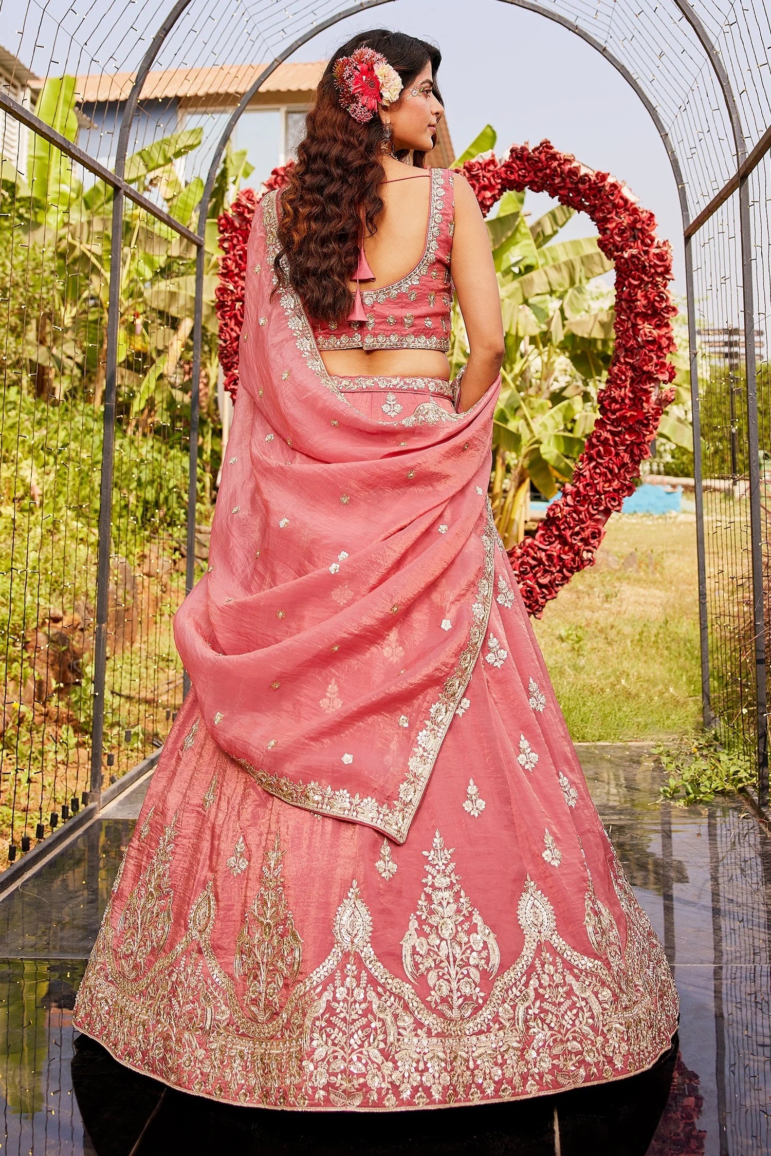 Coral Pink Organza Silk Lehenga with Sequin Zari Embroidered Border