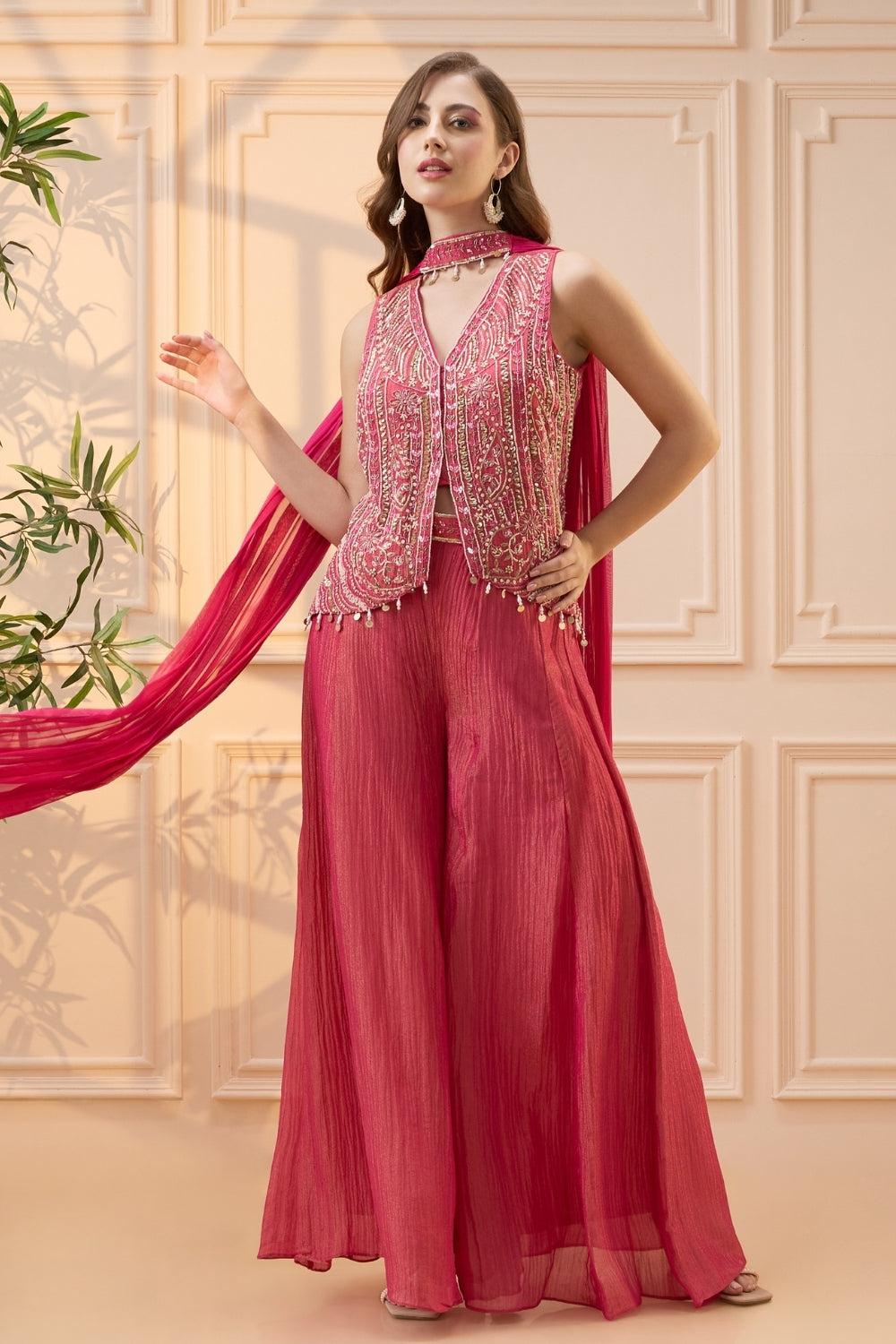 Coral Pink Tissue Indo Western with Cutdana and Zardosi Work