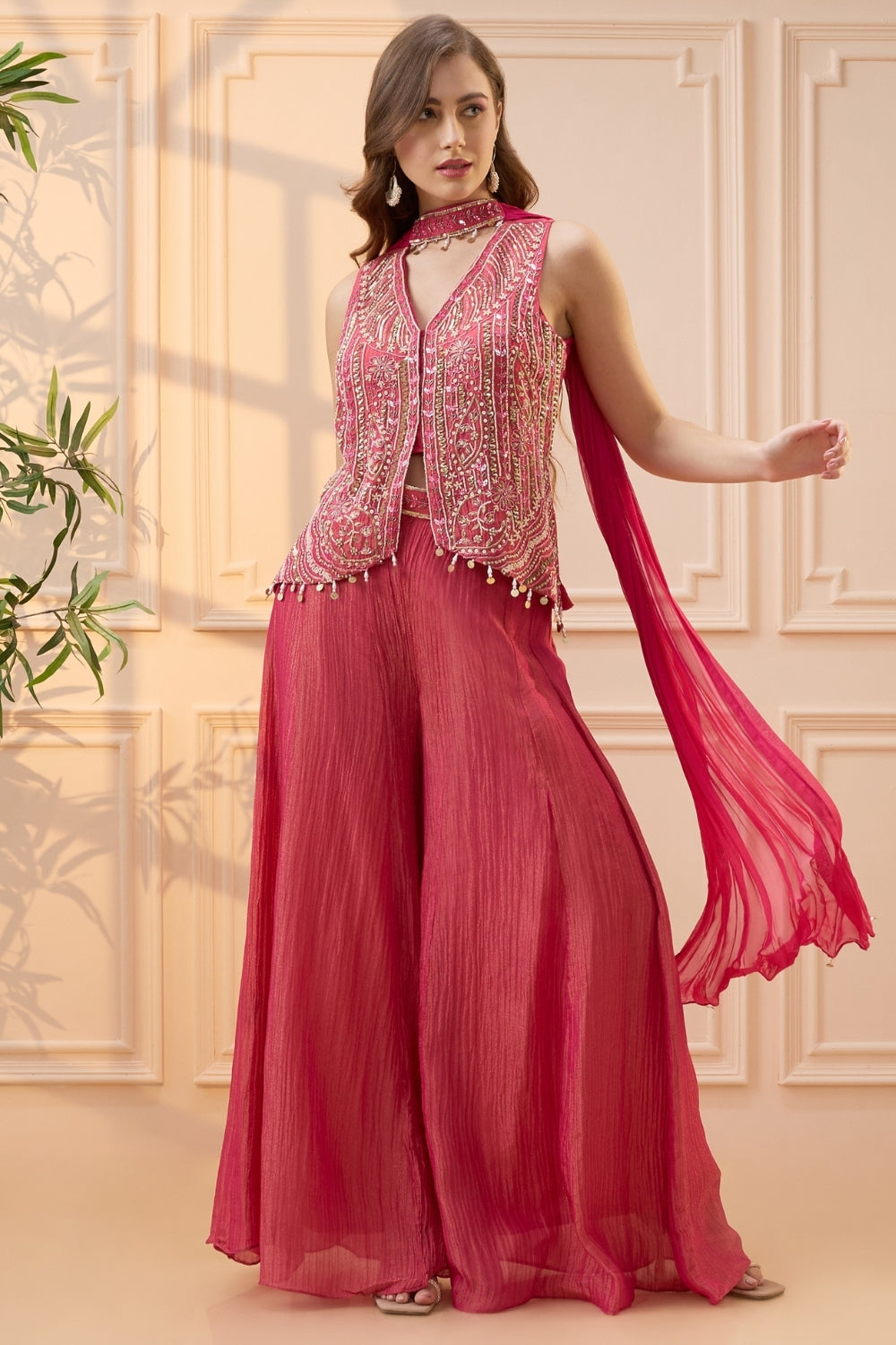 Coral Pink Tissue Indo Western with Cutdana and Zardosi Work