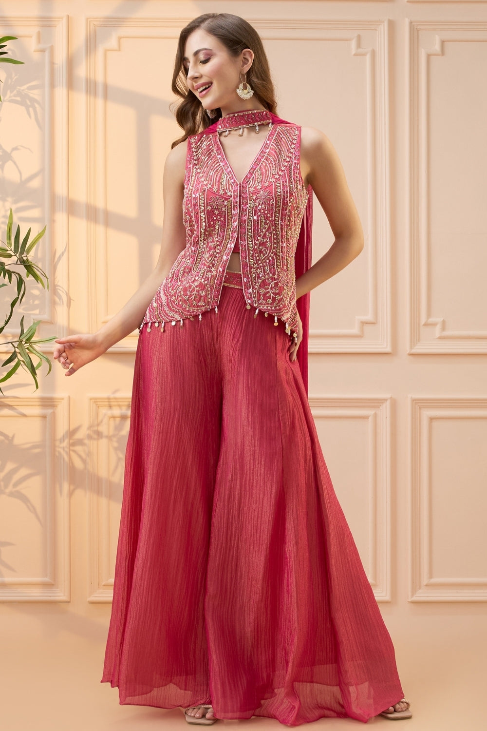 Coral Pink Tissue Indo Western with Cutdana and Zardosi Work