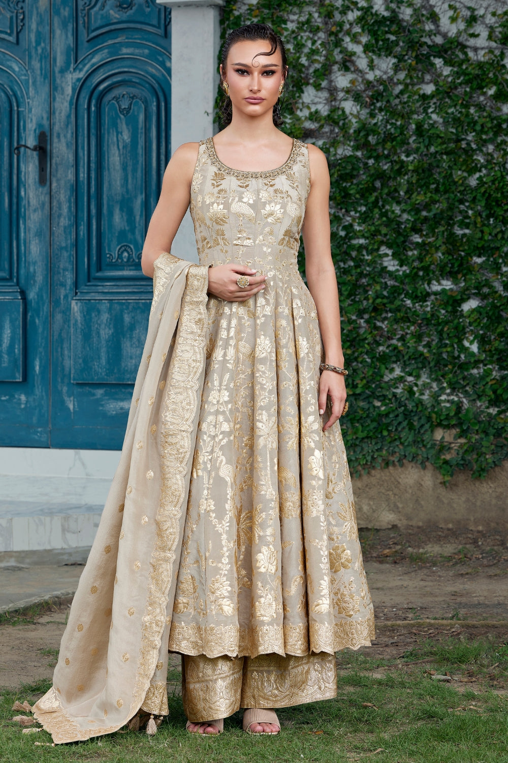 Cream Banarasi Georgette Anarkali Set with Zardosi and Cutdana Work